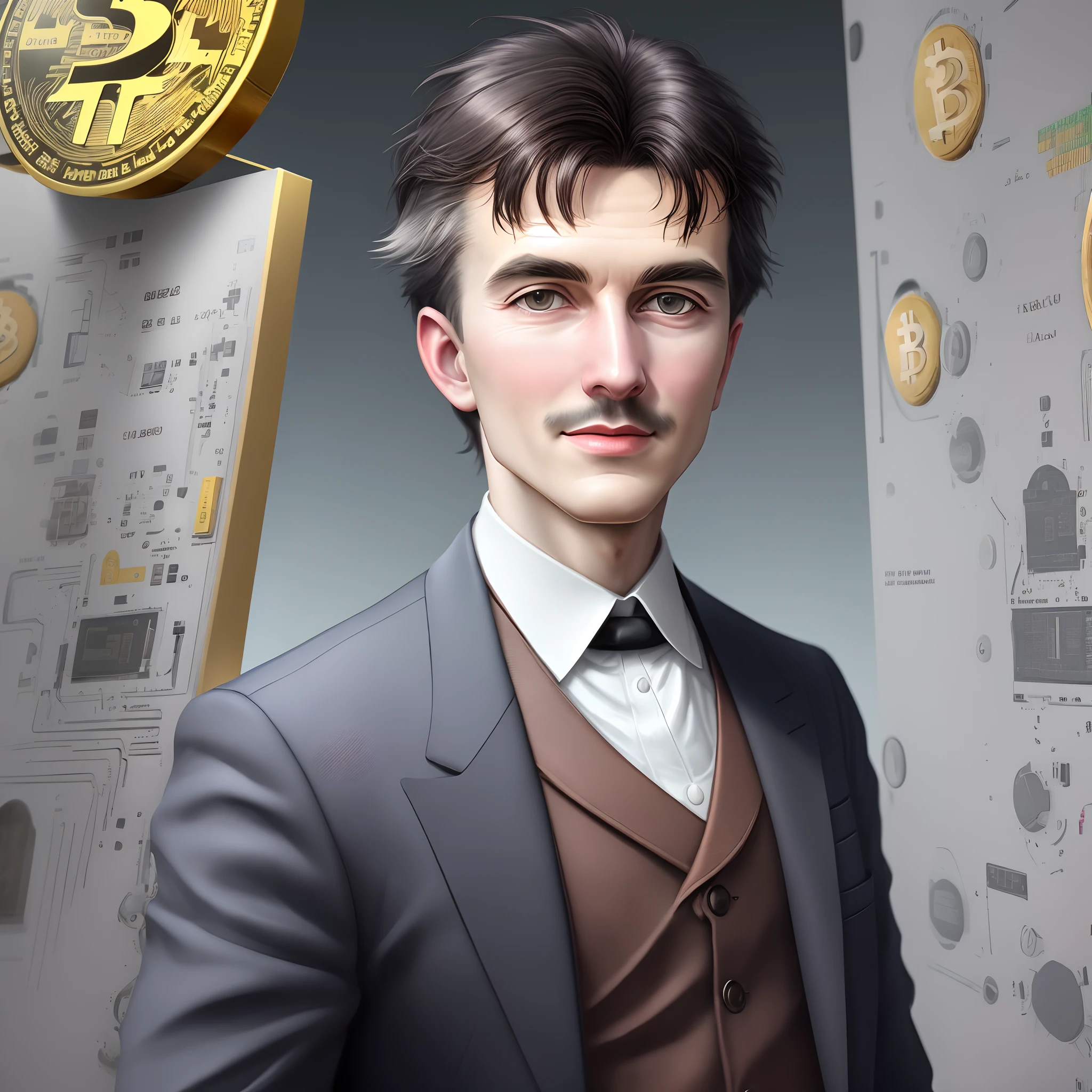 Create Nikola Tesla holding Bitcoin