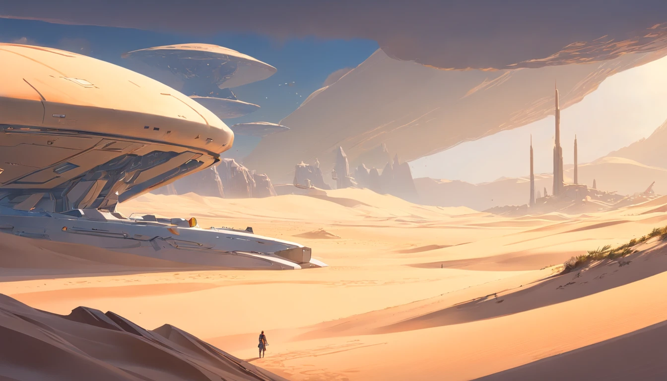 Dune concept art,Clean and neat tones,Sci-fi base scene,Huge scene,Square-shaped complex,Soviet aesthetic architecture,huge buildings,There are many ships in the air,Size contrast,crowd of,Soldiers versus soldiers,Big scenes of war,smog,epic concept art,Fine 8K,vray,Wasteland Science Fiction