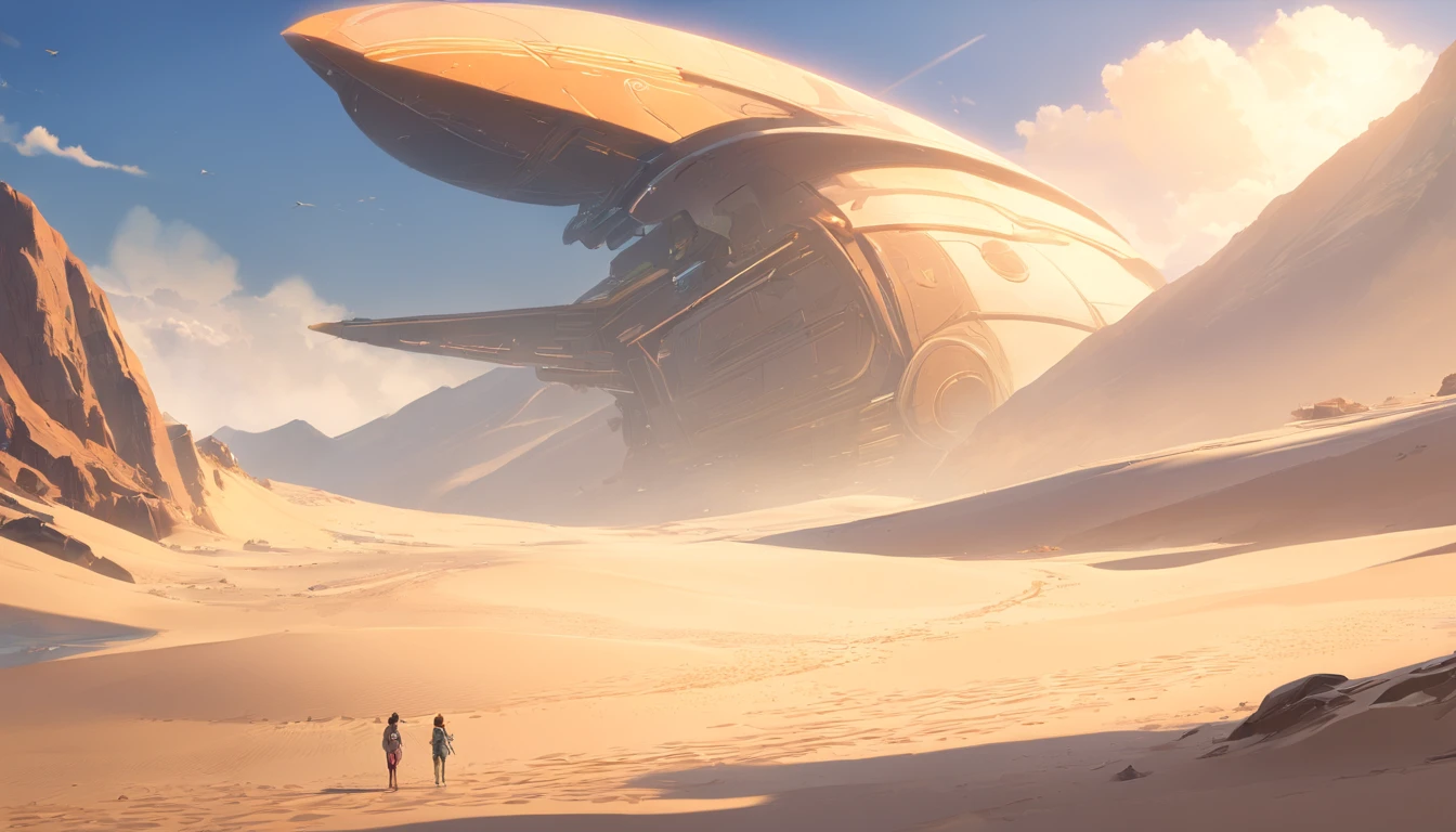 Dune concept art,Clean and neat tones,Sci-fi base scene,There are many spaceships in the air,Epic concept art, Fine 8K,vray, Wasteland science fiction, Michael Caluta style illustration
