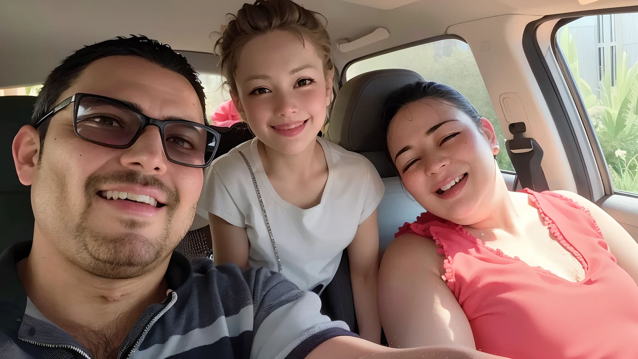 There are two people and a in a car, divertindo-se, Happy family, Family photo, tiro de carro, imagem de perfil, vacation photo, Viagem, carpool karaoke, happily smiling at the camera, foto do perfil, driving, muito bobo olhando, foto selfie, Karla Ortiz, back to us, smiling at camera, family portrait, Alanis Guillen