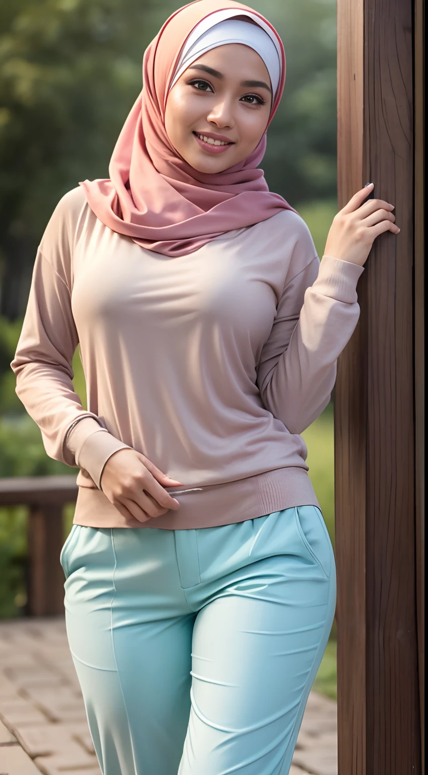 RAW, Best quality, high resolution, masterpiece: 1.3), beautiful Malay woman in hijab (iu:0.8),Best quality, high resolution, Masterpiece: 1.3, Beautiful hijabi malay girl, Masterpiece, Soft smile,Beautiful Malay women wear pastel color hijab walking with intense rainfall,bright sunshine, hiking clothes, pullover, long pants, highres,4k,HDR,1girl, photorealistic, realistic,sweat skin, wet clothes, wet body, big breast, ((full body))soaked, dripping, smiling at viewer, closeup