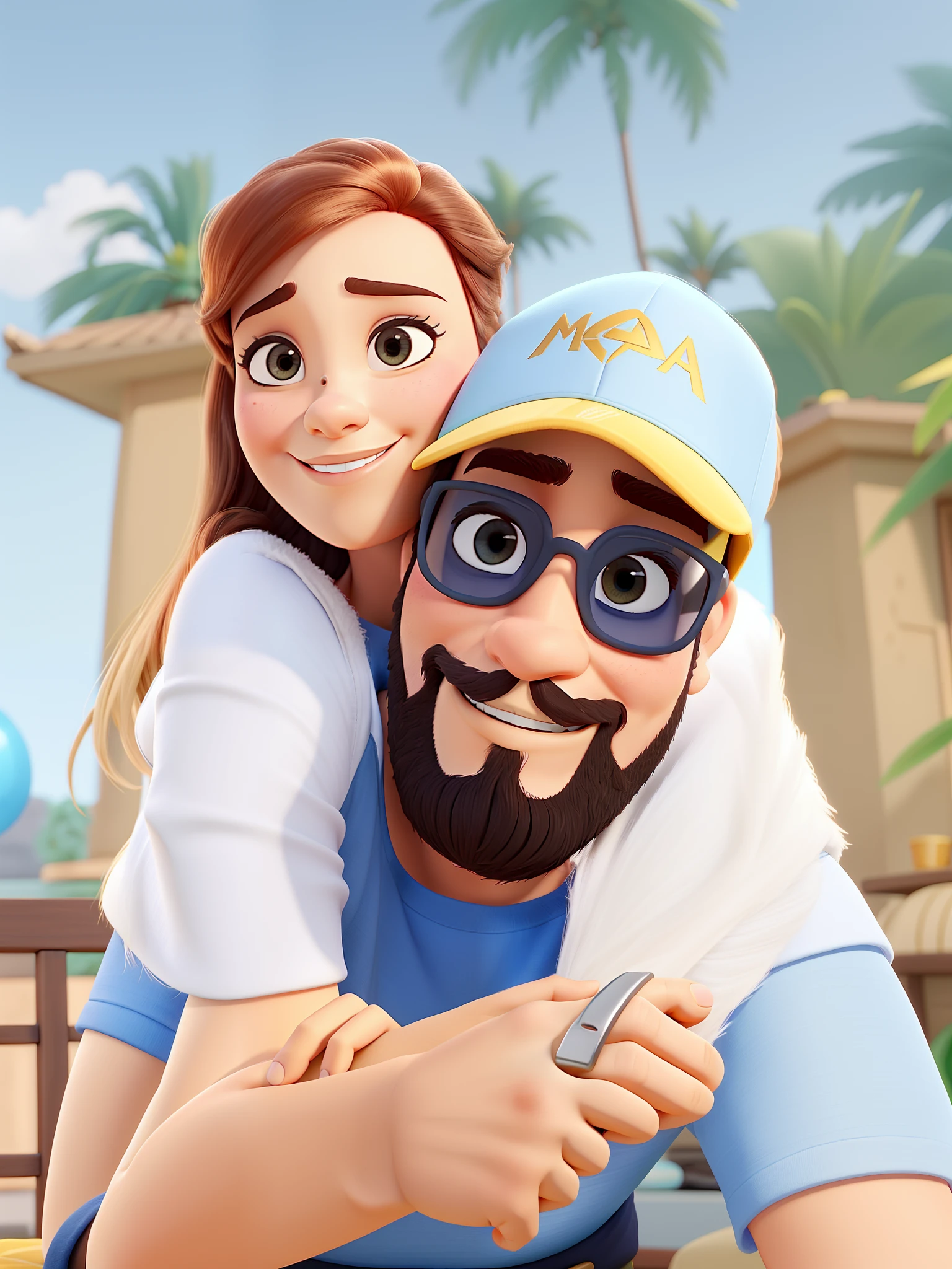 casal homem e mulher no estilo Disney Pixar, alta qualidade, melhor qualidade o homem cor da pele mulata barba cheia bem mediana