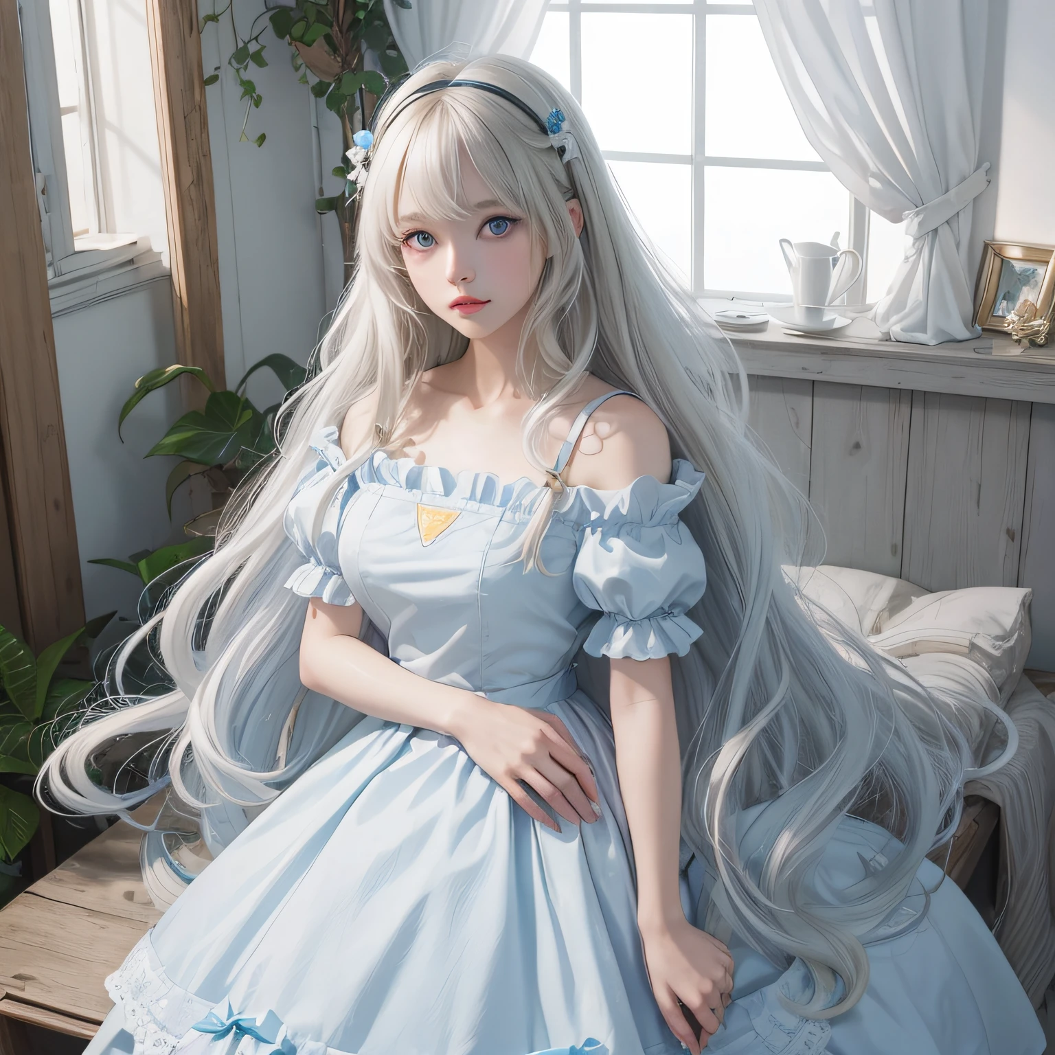 bright expression、photorealisim、top-quality、超A high resolution、a picture、Photo of an exquisitely beautiful Nordic-born girl、Extraordinary beautiful girl、Detailed cute and beautiful face、(pureerosface_v1:0.008)、Beautiful bangs、alice in the wonderland、18year old、Glowing white shiny skin、facial hairs、Bangs that extend to the face、Bangs between the eyes、Super long hair、Attractive light and dark platinum blonde super long straight silky hair、finer hair、Attractive glowing beautiful bright clear light blue big eyes、White Apron、Yellow dress、eye liner、Double eyelids、Lush bust,2 girls in、Blue hair、