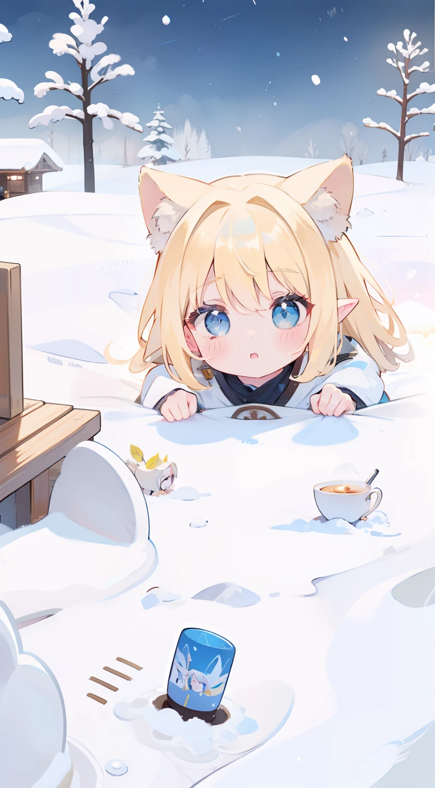 One girl、a blond、、cute little、small tits、Elven ears、masterpiece、top-quality、Top image quality,Ainu pattern,snowscape、