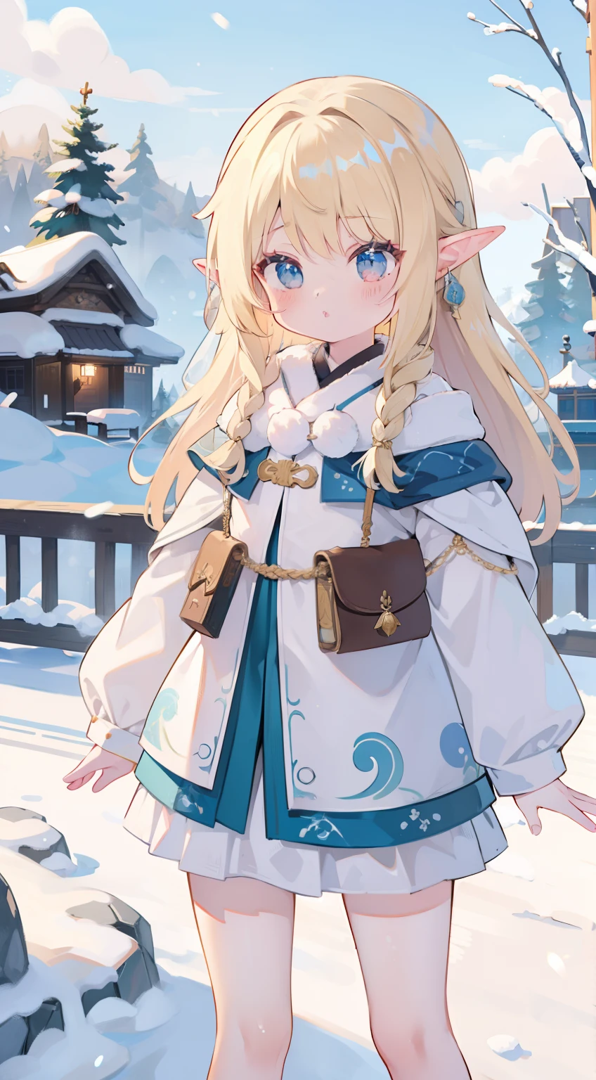 One girl、a blond、、cute little、small tits、Elven ears、​masterpiece、top-quality、Top image quality,Ainu pattern,snowscape、