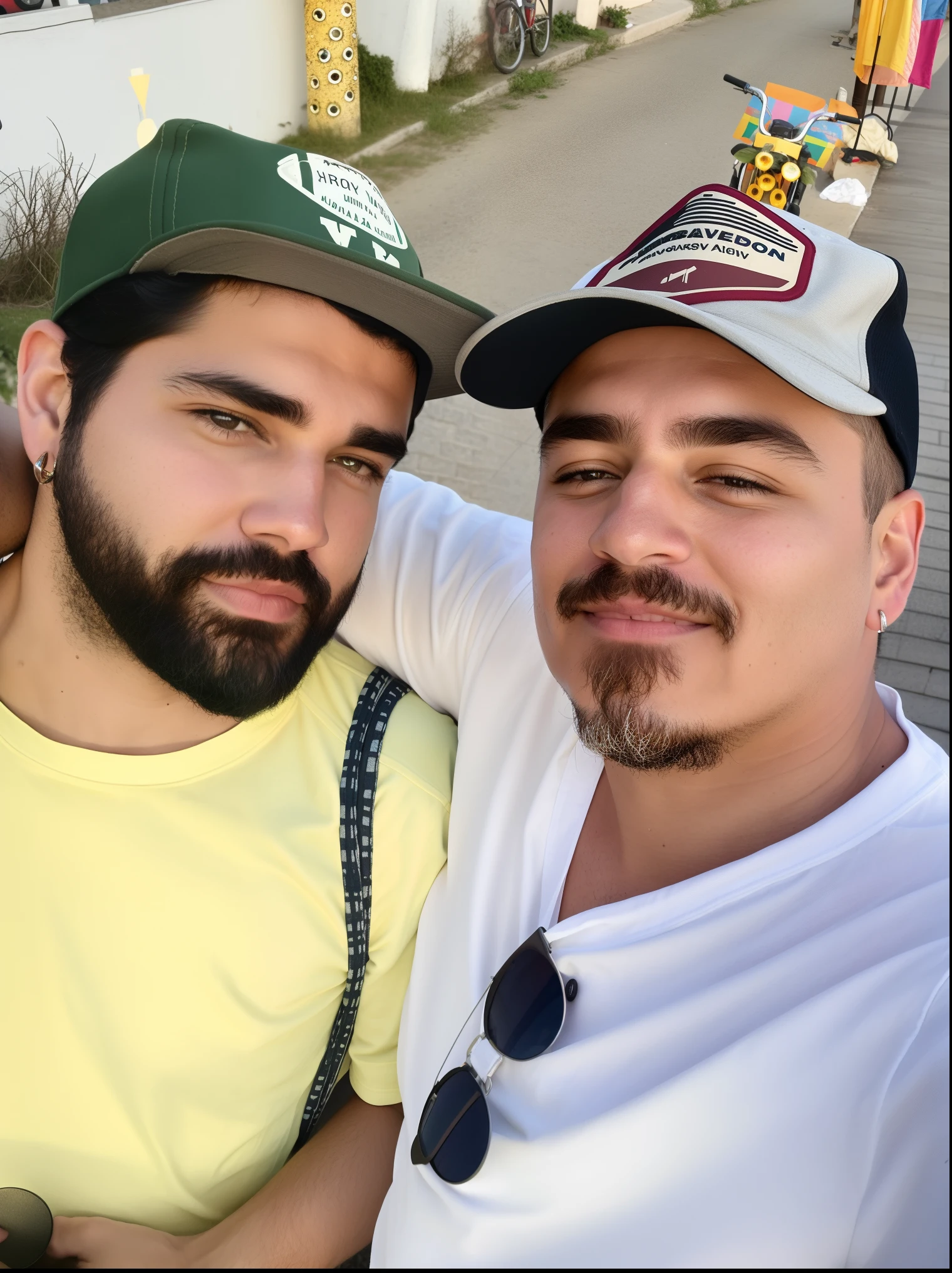 There are two men posing for a photo together on the street, foto de perfil, dois homens bonitos, Paulo Pepera Pablo Roldan, Mars Ravelo e Greg Rutkowski, imagem de perfil, david rios ferreira, Condutor de Ene, taken in the early 2020s, two men hugging, Directed by: Nandor Soldier, Lgbtq