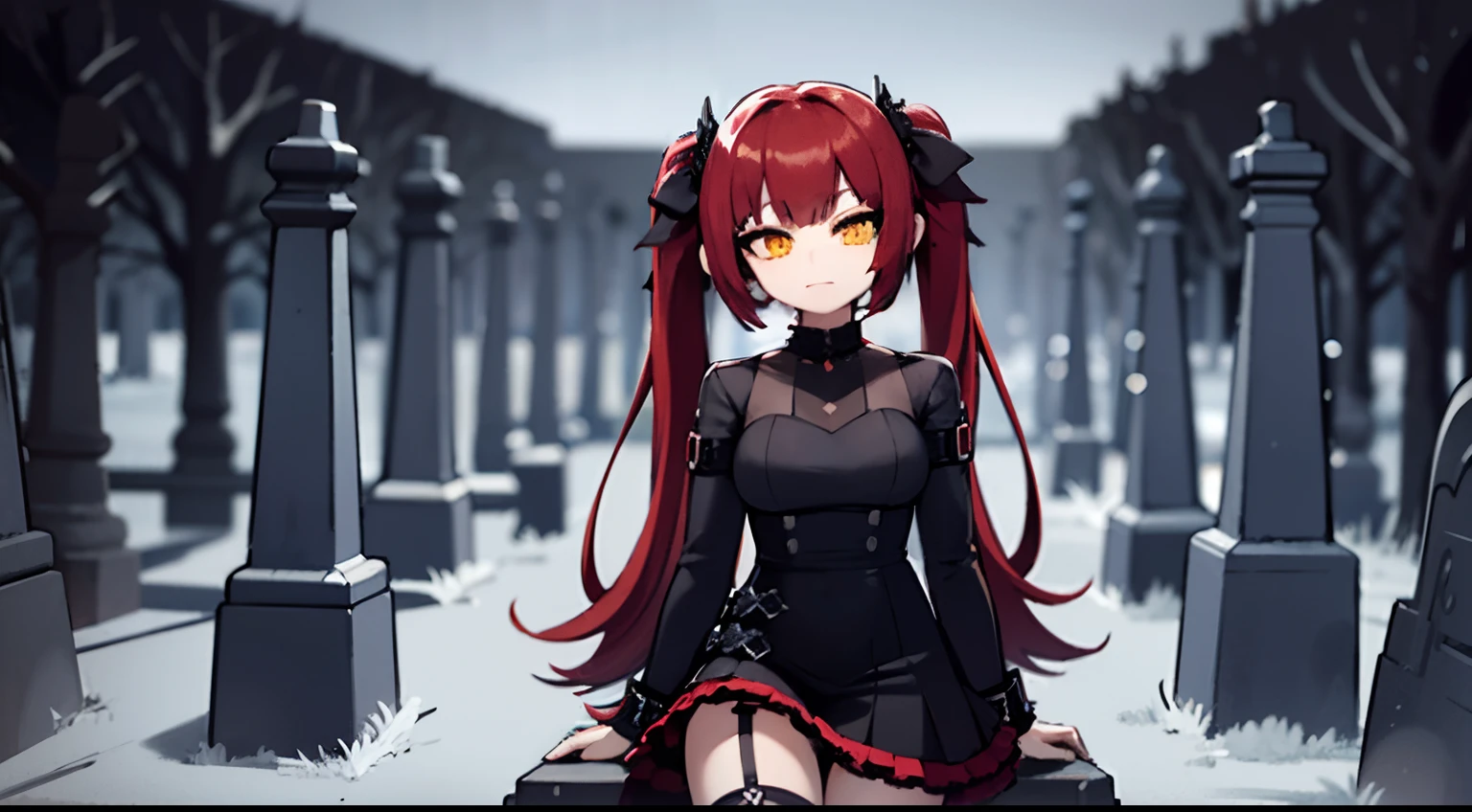 young woman, red hair, yellow eyes, black dress, twintails, black boots, gothic lolita, goth, white flowers in scenerie, 4k, in a cemetery, 4k, cloudy time, grey sky, looking at viewer, mannequins behind,