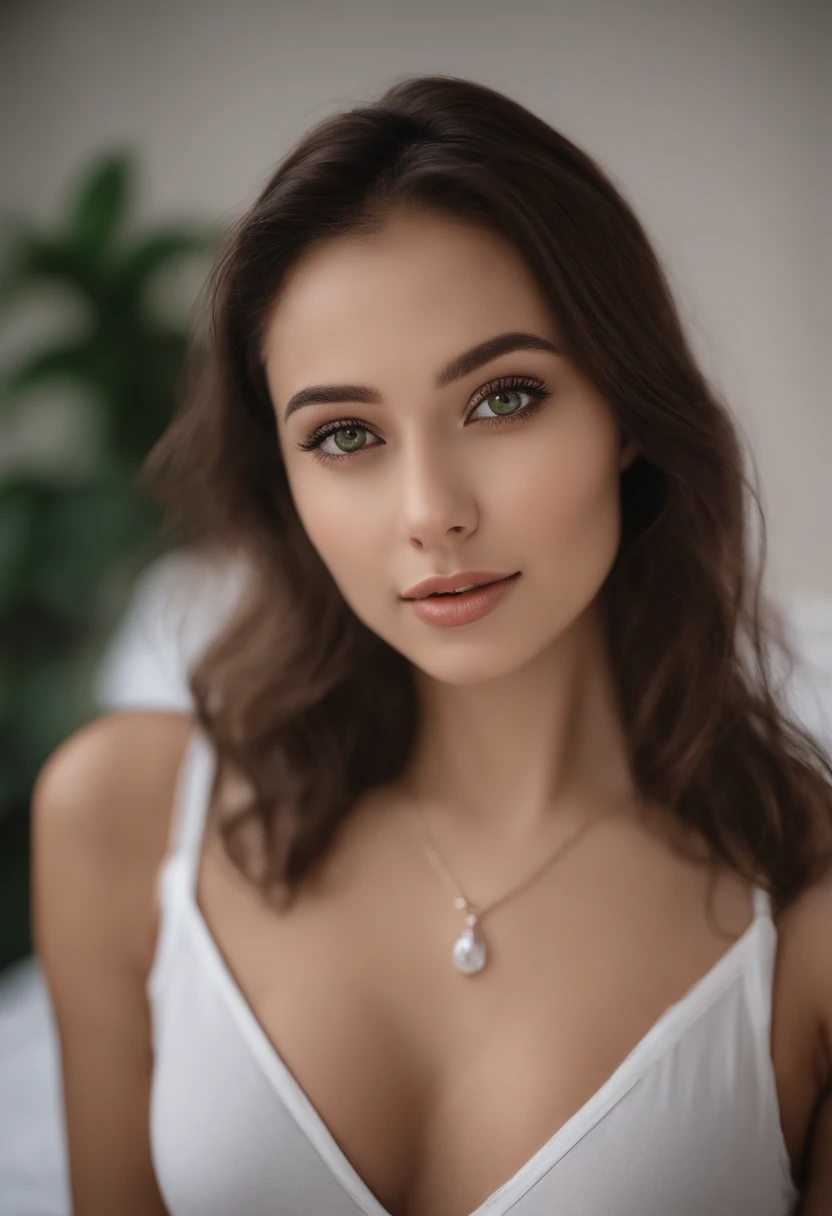 arafed woman with a white tank top and a necklace, sexy girl with green eyes, portrait sophie mudd, brown hair and large eyes, selfie of a young woman, bedroom eyes, violet myers, without makeup, natural makeup, looking directly at the camera, face with artgram, subtle makeup, stunning full body shot, piercing green eyes, beautiful angle, attractive pose, cute girl, sexy pose, full body picture, full body, full body shoot, brunette goddess, high detail, satisfied pose, bikini, singapore, , big breast, beach