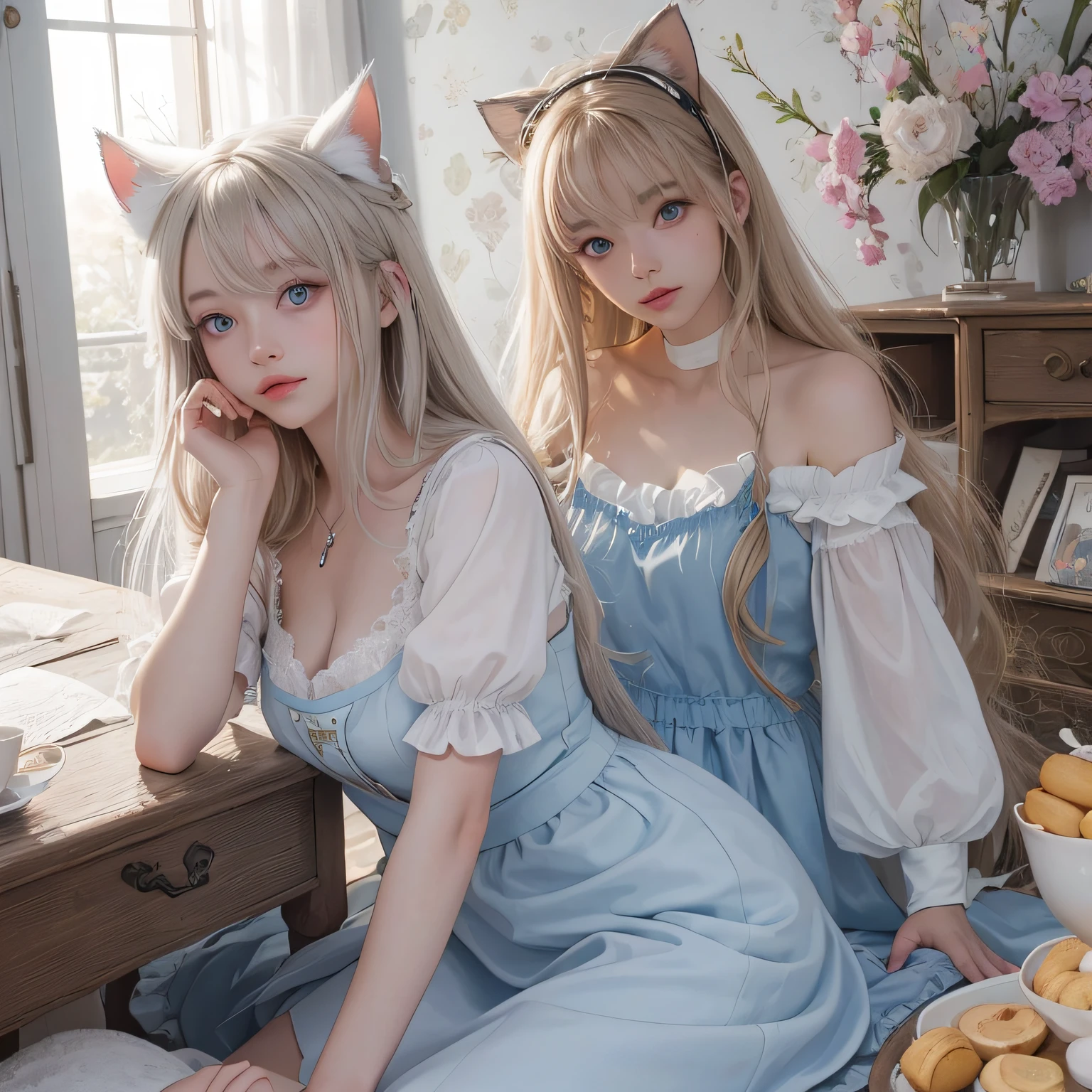 bright expression、photorealisim、top-quality、超A high resolution、a picture、Photo of an exquisitely beautiful Nordic-born girl、Extraordinary beautiful girl、Detailed cute and beautiful face、(pureerosface_v1:0.008)、Beautiful bangs、alice in the wonderland、18year old、Glowing white shiny skin、facial hairs、Bangs that extend to the face、Bangs between the eyes、Super long hair、Attractive light and dark platinum blonde super long straight silky hair、finer hair、Attractive glowing beautiful bright clear light blue big eyes、White Apron、Yellow dress、eye liner、Double eyelids、Lush bust、2 girls in、cat ear、