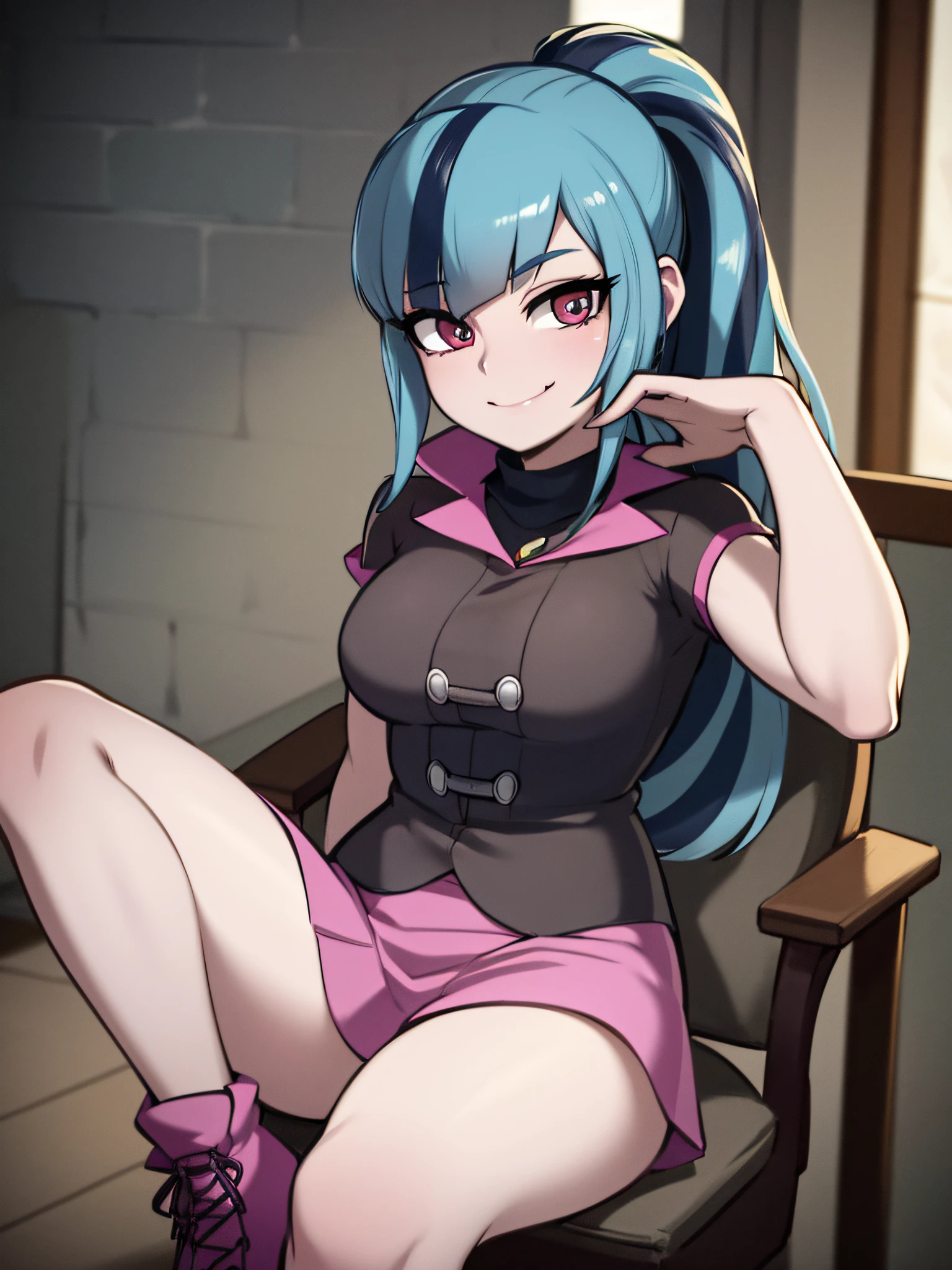 mlpsonata, ponytail, looking at viewer, smile, jacket, pink skirt, boots, jewelry, bracelet, profile, sitting chair, crossed legs, cafeteria, blue hair, bold outline, clear outlines, (masterpiece, best quality, detailed beautiful eyes and detailed face, ultra-detailed, 8k wallpaper, elaborate features, raw photo, highres, realistic, photo-realistic:1.4, physically-based rendering)