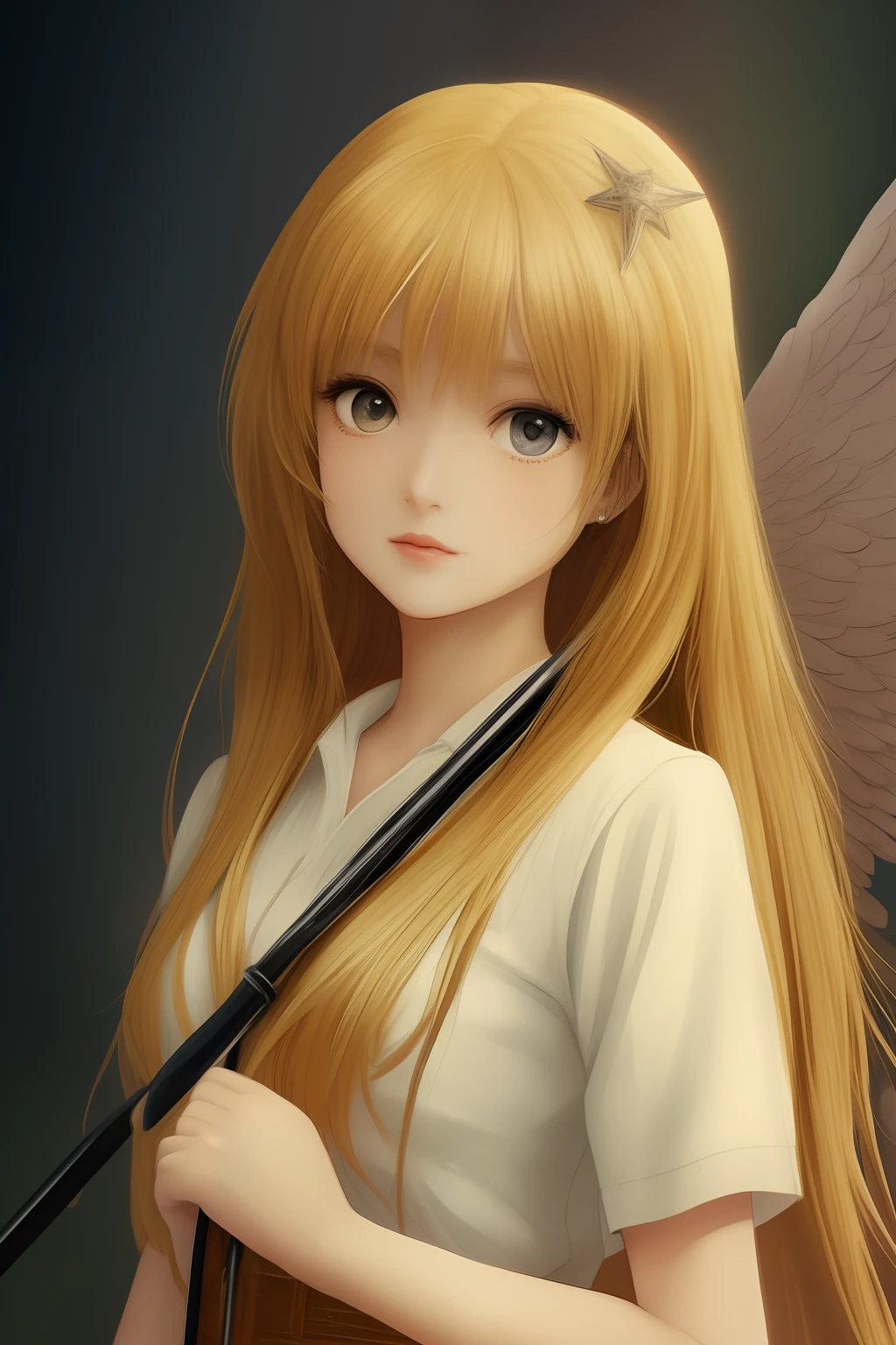 angel blonde holding a cane anime picture young 80s style long hair close-up picture