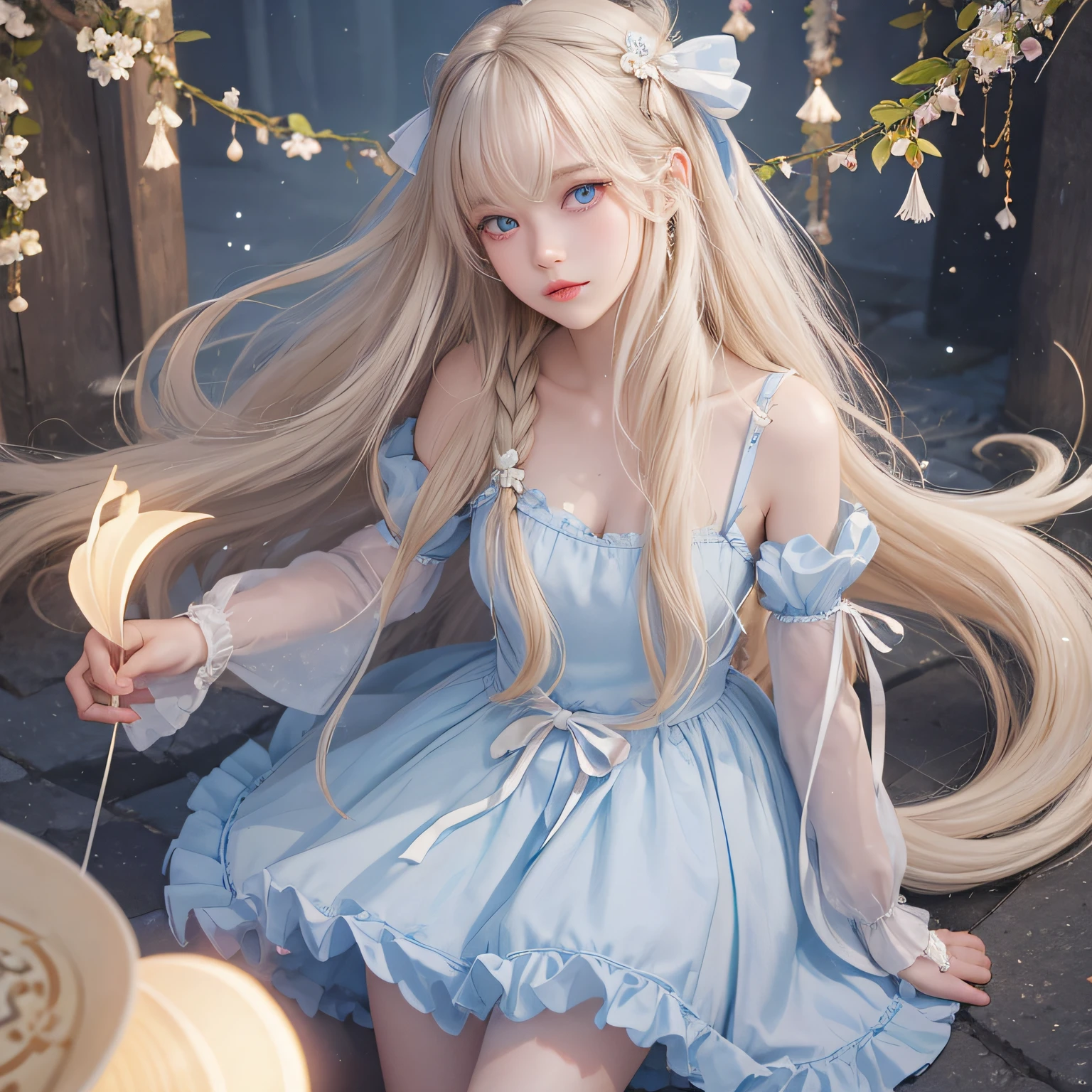 bright expression、photorealisim、top-quality、超A high resolution、a picture、Photo of an exquisitely beautiful Nordic-born girl、Extraordinary beautiful girl、Detailed cute and beautiful face、(pureerosface_v1:0.008)、Beautiful bangs、alice in the wonderland、18year old、Glowing white shiny skin、facial hairs、Bangs that extend to the face、Bangs between the eyes、Super long hair、Attractive light and dark platinum blonde super long straight silky hair、finer hair、Attractive glowing beautiful bright clear light blue big eyes、White ?????、Yellow dress、eye liner、Double eyelids、Lush bust、2 girls in、cat ear、