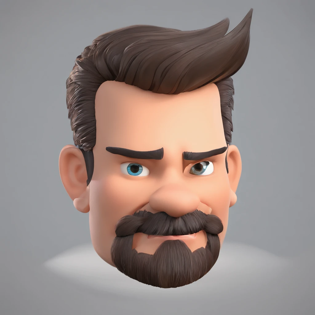 Criar um personagem no estilo Pixar. Trata-se de um homem de 30 anos, com barba, Branco, com cabelos castanhos curtos e um quiff, e olhos castanhos. Ele deve estar na frente de um computador, Trabalhar como designer