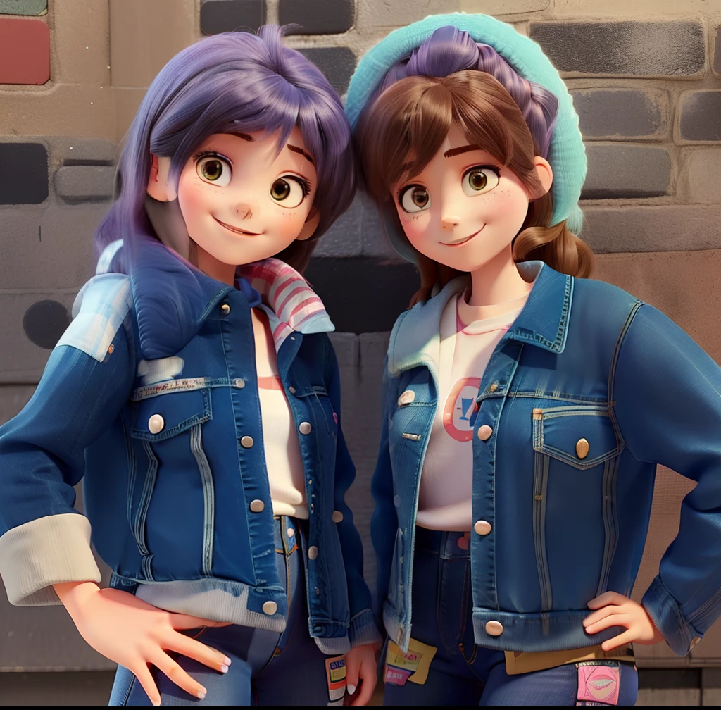 Two girls in denim jackets standing next to each other, sorrindo,jeans duplo, usando jeans duplo, with a twin, usando jeans, tiradas no final dos anos 1980, foto dos anos 80, Directed by: David Rubi, conjoined twins, sisters, Foto anos 80