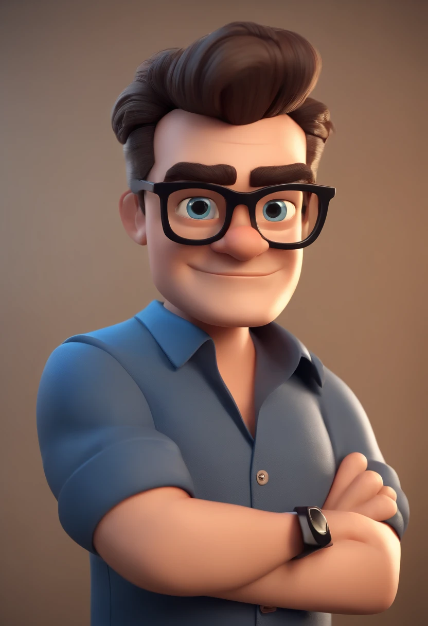 Cartoon character of a man wearing black glasses and a blue shirt, um personagem animado, Caractere estilizado, animation style rendering, 3D estilizado, Arnold Maya render, 3 d render stylized, toon render keyshot, Personagem 3D, Personagem 3D, 3d rendering stylized, 3 d character render, personagem de desenho animado, Personagem de close up, Pose de personagem, (Estilo Pixar) (master part:1.2) (Bokeh) (best quality) (pele detalhada) (textura detalhada) (8k) (argila) (Cinematic lighting) (foco nítido,Senta e vaza a parte superior do corpo