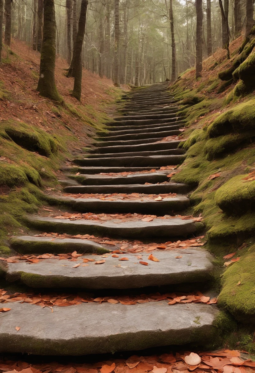 Close-up of stone steps in the forest that have fallen to the ground, Beautiful fece, Steps, 400 steps, stairway to heaven, stairs, Falling Magic Leaves, by Kanō Tan'yū, 🕹️ 😎 🚬, stairs from hell to heaven, aomori japan, amazing composition, steps leading down