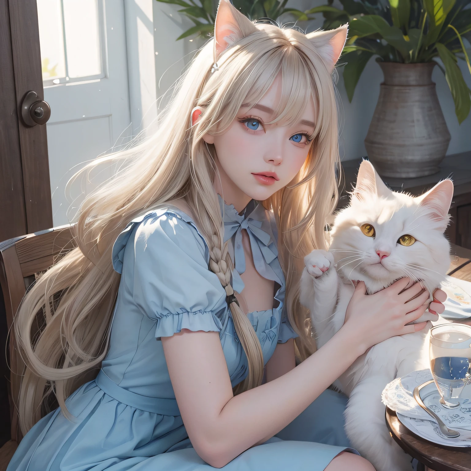bright expression、photorealisim、top-quality、超A high resolution、a picture、Photo of an exquisitely beautiful Nordic-born girl、Extraordinary beautiful girl、Detailed cute and beautiful face、(pureerosface_v1:0.008)、Beautiful bangs、alice in the wonderland、18year old、Glowing white shiny skin、facial hairs、Bangs that extend to the face、Bangs between the eyes、Super long hair、Attractive light and dark platinum blonde super long straight silky hair、finer hair、Attractive glowing beautiful bright clear light blue big eyes、White Apron、Yellow dress、eye liner、Double eyelids、Lush bust、2 girls in、cat ear、