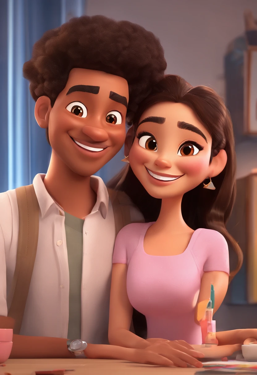An illustration of an adorable couple, Highlight for a chubby mulatto man with glasses smiling and a brunette woman with beautiful expressive eyes - the man's skin is mulatto and the man's hair haswhile the woman's skin is black and the woman's hair is straight and brown. They are a bright room, cada um com um sorriso no rosto, e compartilhar um momento especial caracterizado pelo amor, Insights. Illustrate this scene from a perspective where they are facing the camera, Smiling and Showing Your Connection. Desenvolva esta arte em Full HD, Focus on your cinematic touch, Estilo Disney Pixar Animations