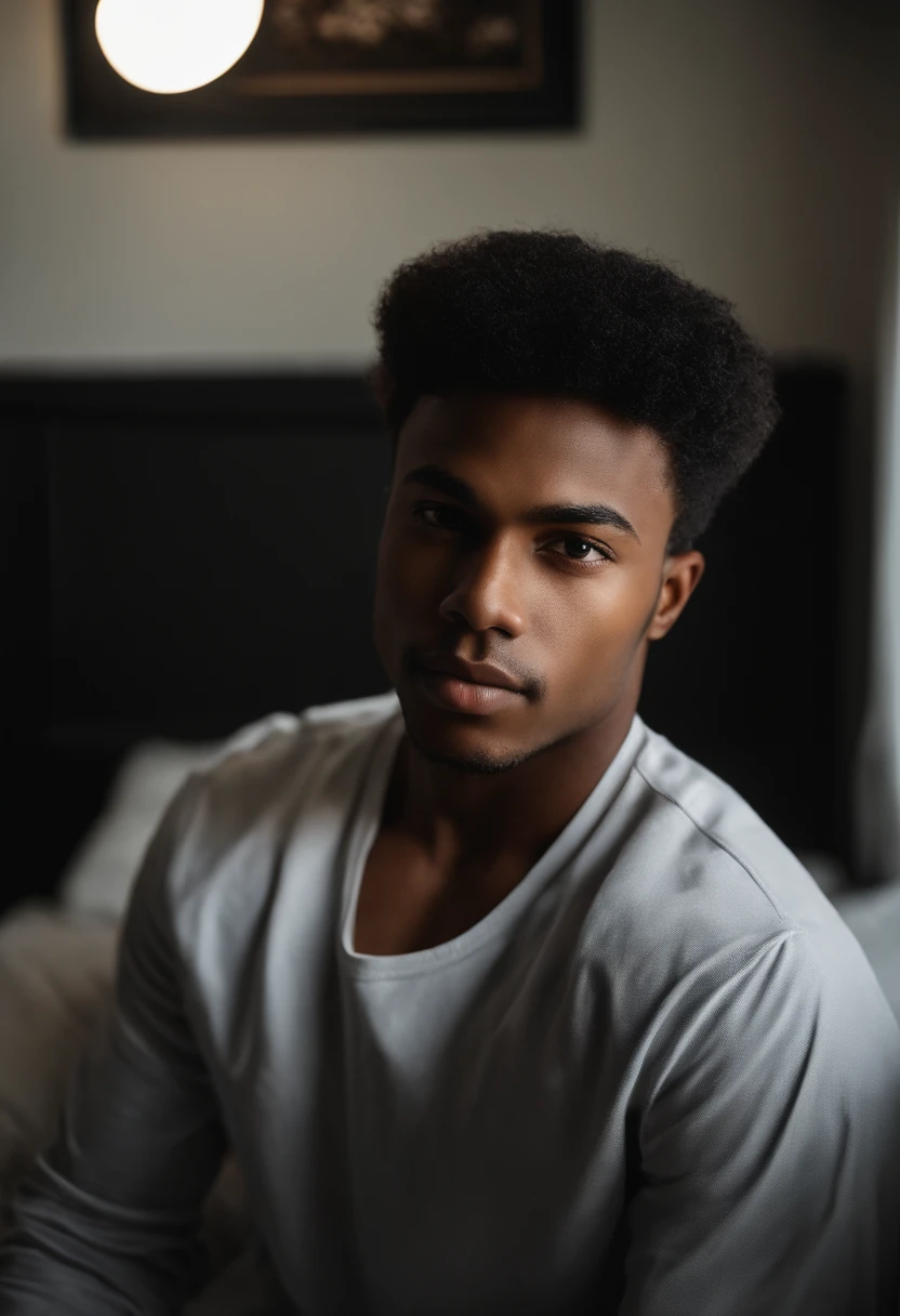 um menino, 3rd year.o menino, afro-americano, Vista frontal sentado na cama, Looking at camera, cabelos pretos, Foto RAW,((Camisa Preta:1.2)), ((retrato)),Afro-descendente, Use uma boina, cabelo estilo militar, Slim and slightly athletic body, Wear basic clothes, Homem de 18 anos, olhos castanhos, olhos perfeitos, ((fundo branco:1.2)), studio lighting, alta qualidade, filmic grain, Fujifilm XT3, Centralizado