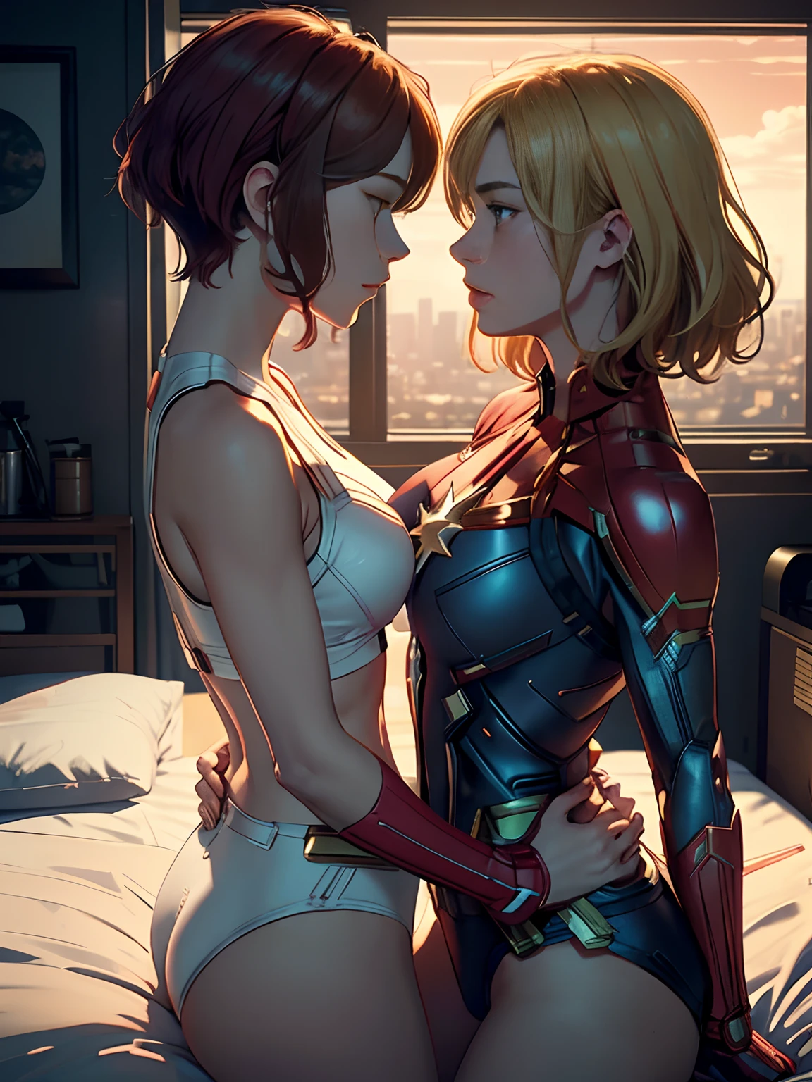 Create an evocative image of Brie Larson as captain marvel (medium blonde hair) and Scarlett Johansson as black widow (short red hair), side by side outside a spaceship, resting on a bed, resting on a bed, gazing silently towards the horizon where the warm hues of a setting sun paint the sky in nostalgic colors. Cinematic lighting. Panty, (white singlet top). hug. kiss. passionate gentle kiss on the lips. kissing. looking at each other. grabbing buttocks. consensual. Bliss.