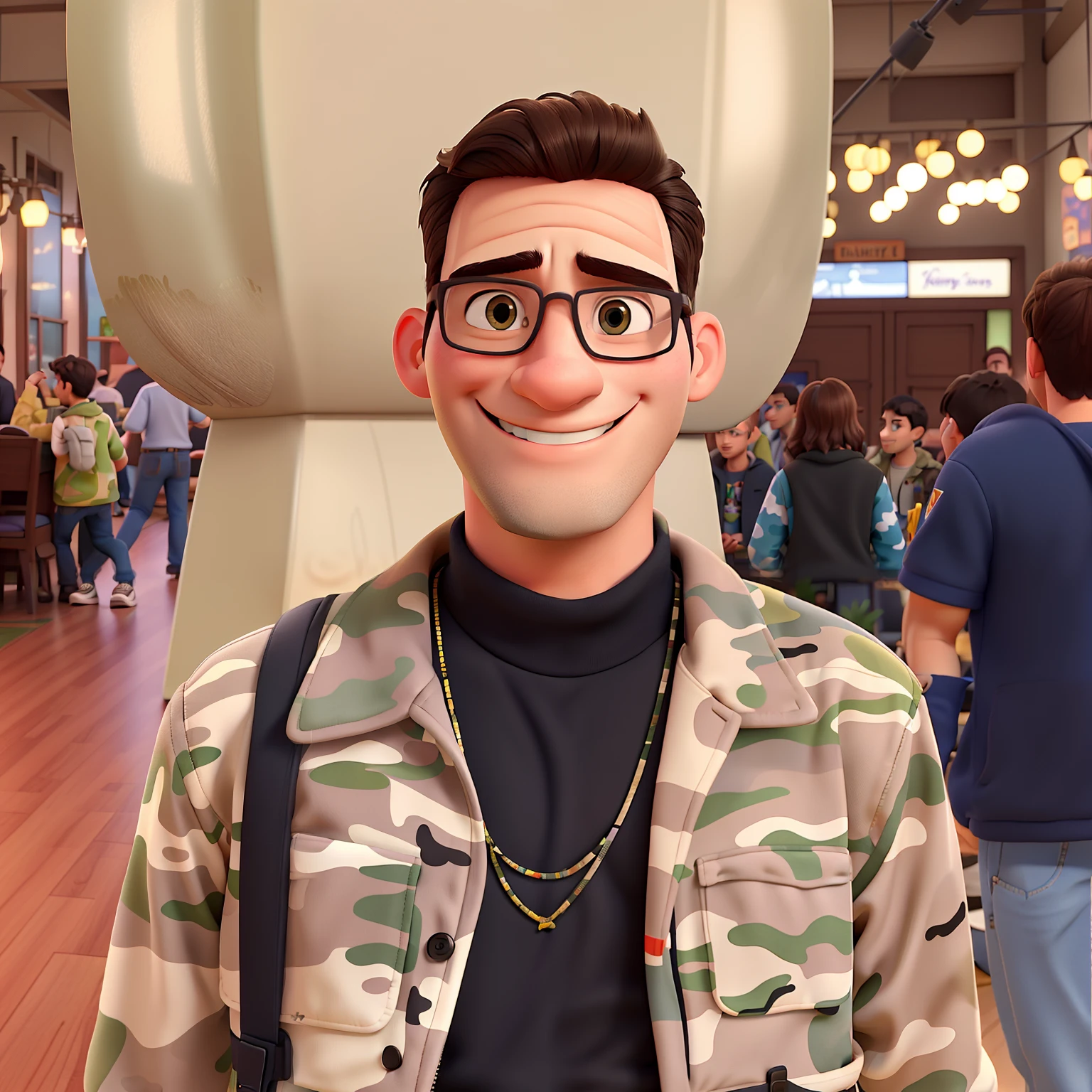 Create a disney pixar style post with a smiling man in camouflage jacket and glasses, cabelo castanho