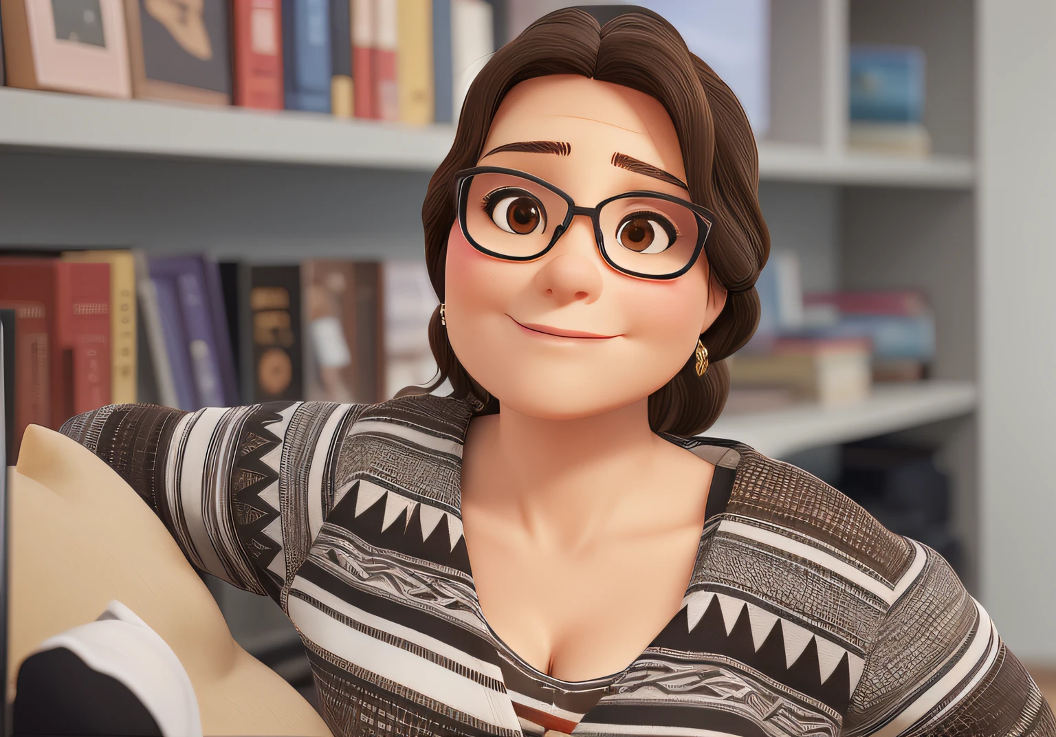 44-year-old woman, fair skin, large light brown eyes, straight hair above the shoulder, with horizontal rectangular glasses.