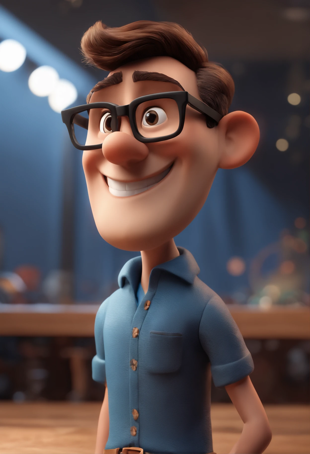 Cartoon character of a man with black glasses and a blue shirt, animation character, Caractere estilizado, animation style rendering, 3D estilizado, Arnold Maya render, 3 d render stylized, toon render keyshot, Personagem 3D, Personagem 3D, 3d rendering stylized, 3 d character render, personagem de desenho animado, Personagem de close up, Pose de personagem, (Estilo Pixar) (master part:1.2) (Bokeh) (best quality) (pele detalhada) (textura detalhada) (8k) (argila) (Cinematic lighting) (foco nítido