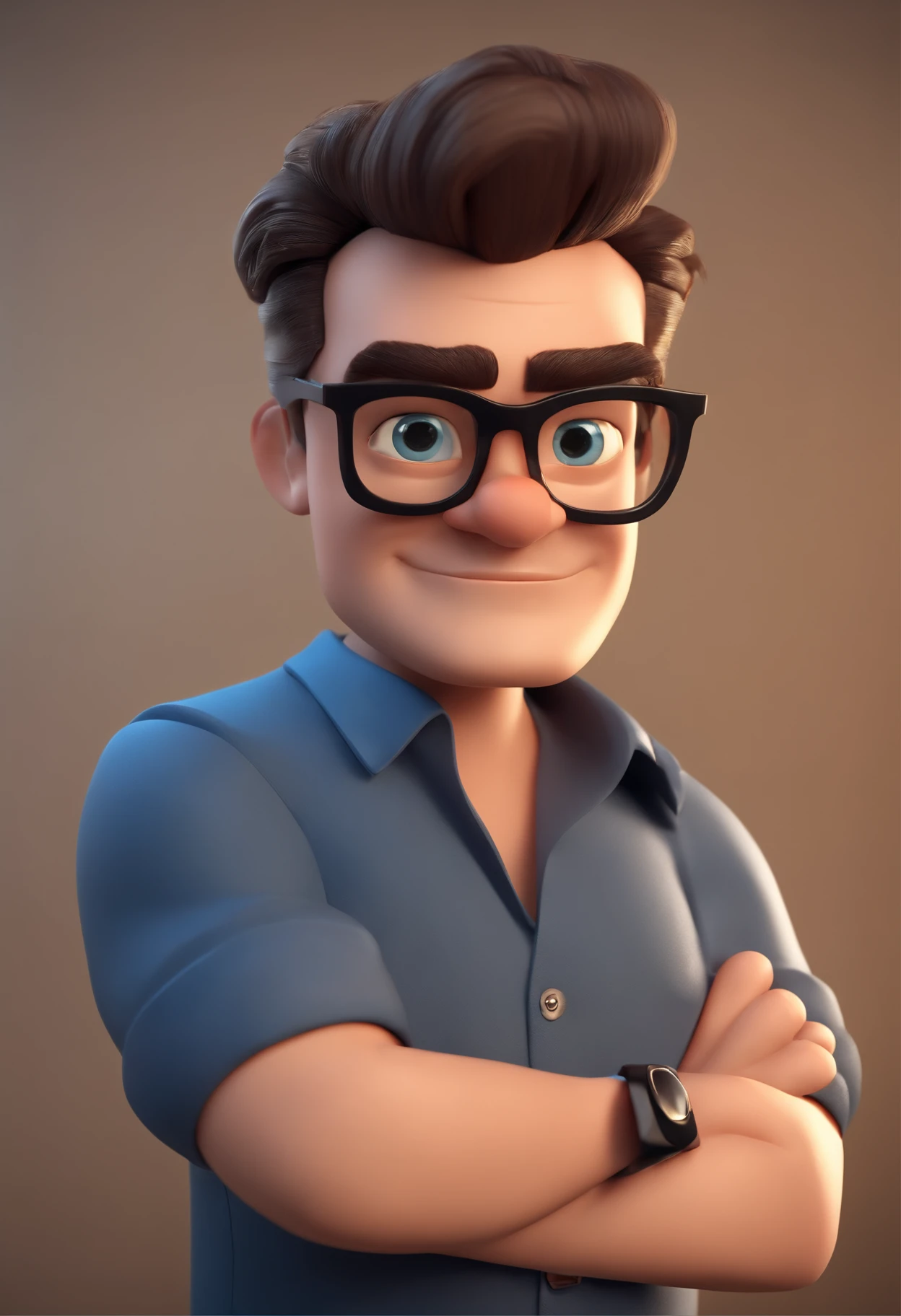 Cartoon character of a man wearing black glasses and a blue shirt, um personagem animado, Caractere estilizado, animation style rendering, 3D estilizado, Arnold Maya render, 3 d render stylized, toon render keyshot, Personagem 3D, Personagem 3D, 3d rendering stylized, 3 d character render, personagem de desenho animado, Personagem de close up, Pose de personagem, (Estilo Pixar) (master part:1.2) (Bokeh) (best quality) (pele detalhada) (textura detalhada) (8k) (argila) (Cinematic lighting) (foco nítido，Senta e vaza a parte superior do corpo