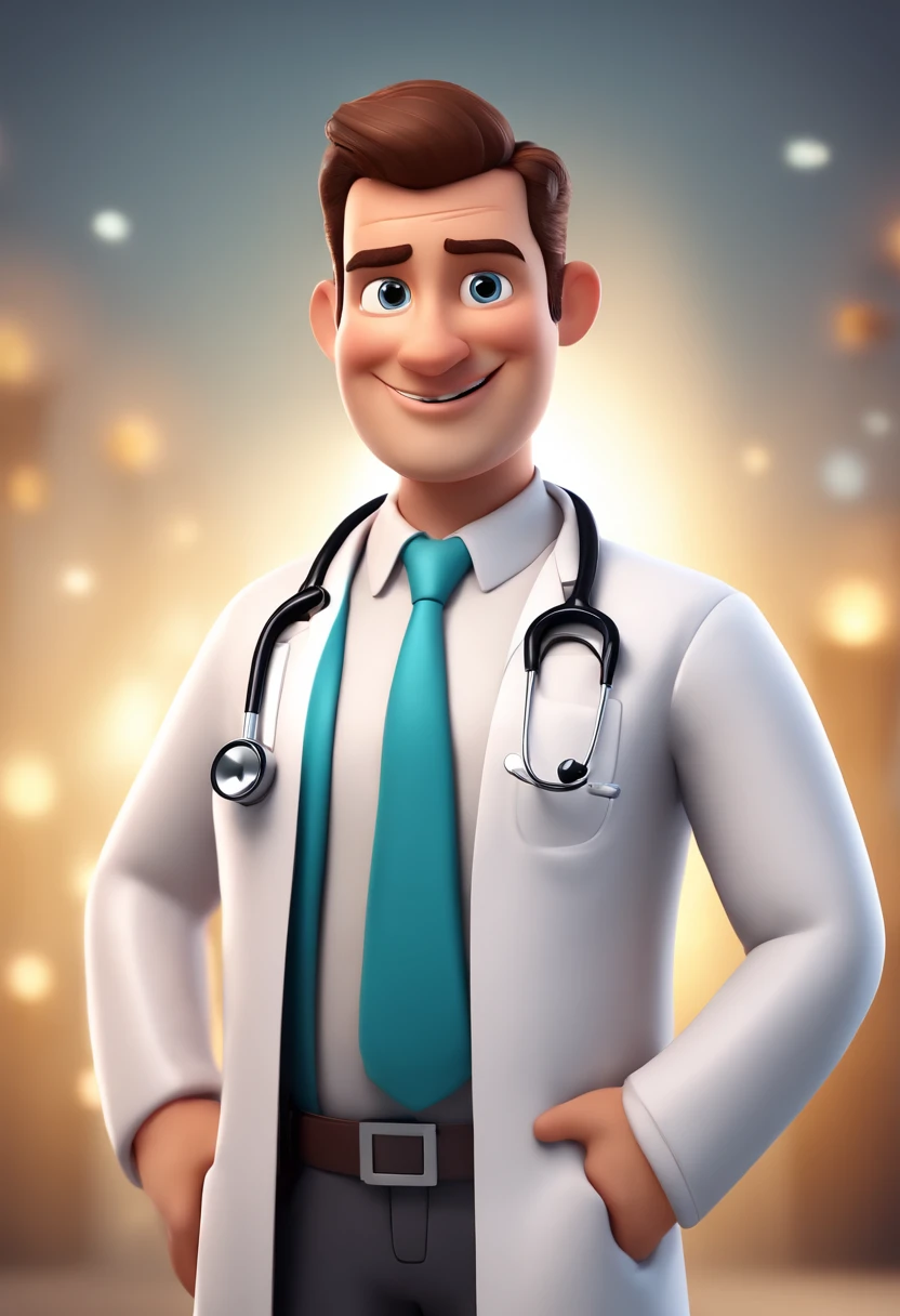 Cartoon character of a doctor man wearing lab coat and stethoscope, loiro e com barba, um personagem animado, Caractere estilizado, animation style rendering, 3D estilizado, , 3 d render stylized, toon render keyshot, Personagem 3D, Personagem 3D, 3d rendering stylized, 3 d character render, personagem de desenho animado, Personagem de close up, Pose de personagem, (Estilo Pixar) (Bokeh) (best quality) (pele detalhada) (textura detalhada) (8k) (argila) (Cinematic lighting) (foco nítido，Senta e vaza a parte superior do corpo