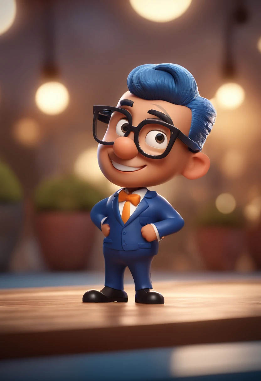 Cartoon character of a man with black glasses and blue suit, With Hair Funny Animation Character, tocando saxofone Caractere estilizado, animation style rendering, 3D estilizado, Arnold Maya render, 3 d render stylized, toon render keyshot, Personagem 3D, Personagem 3D, 3d rendering stylized, 3 d character render, personagem de desenho animado, Personagem de close up, Pose de personagem, (Estilo Pixar) (master part:1.2) (Bokeh) (best quality) (pele detalhada) (textura detalhada) (8k) (argila) (Cinematic lighting) (foco nítido