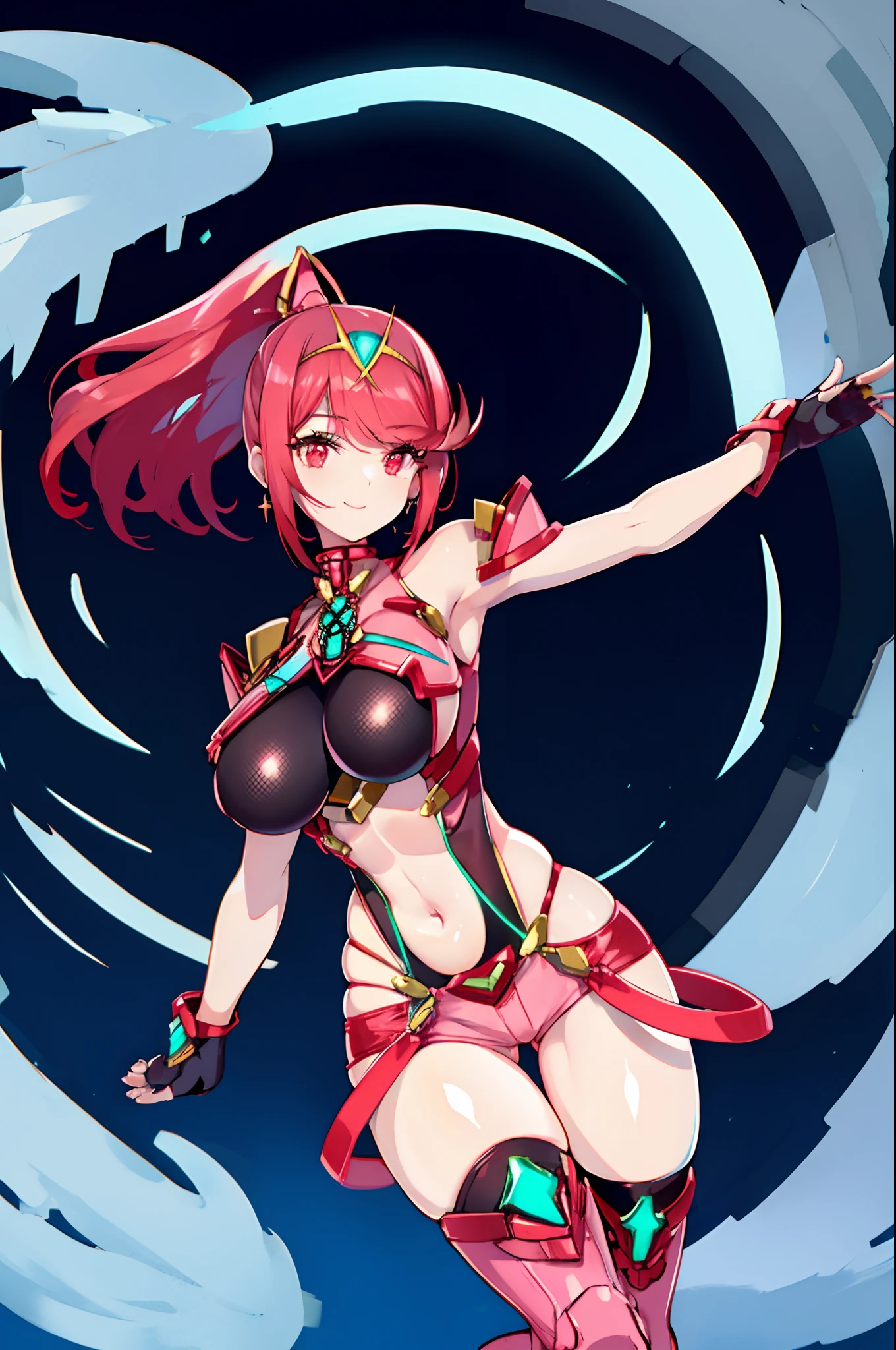 pyra \(xenoblade\), _1girl, lolibangs, black gloves, breasts, red eyes, shout, earrings, eyelashes, fingerless gloves, floating hair, , gem, gloves, hair ornament, headpiece, jewelry, gigantic_breasts, leaning back, swimsuit, neon trim, official art, pose, red hair, saitou masatsugu, short hair, sidelocks, skin tight, solo, swept bangs, thighhighs, tiara, fantasy_town_background, underbust, xenoblade chronicles \(series\), (xenoblade chronicles 2), (spread_legs:1.1), fire_effect,dynamic_pose,fighting,light_smile, (plump:1.1), big_ass,huge_sword, hold_large_sword_hilt, covered_nipples, covered_pussy, fists,ponytail,beautiful_fingers,(solo:1.1), bare_shoulder,(shoulder_naked:1.2), nipple_jewel,back, back_view, focus_ass,ass, (very_short_shorts:1.3),(lise_leg:1.4)