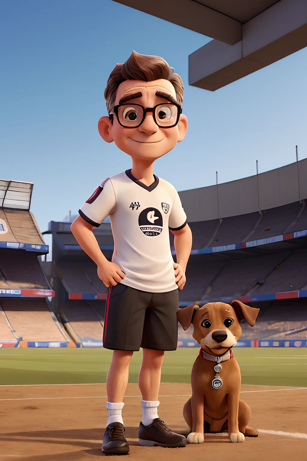 Man 60 years old short hair glasses , with São Paulo Futebol Clube t-shirt, Football Stadium Background. Ao lado dois cachorros Jack Russel (1 male and 1 female)