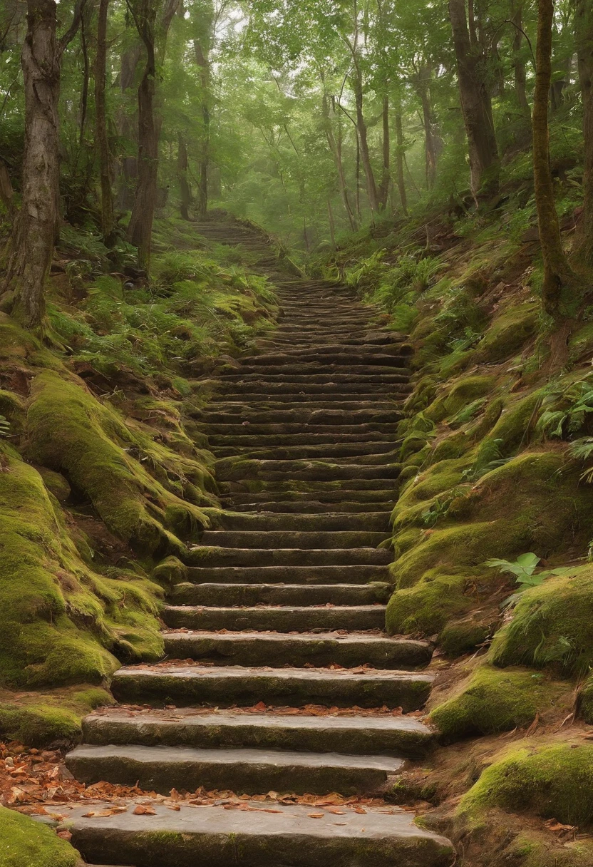 Close-up of stone steps in the forest that have fallen to the ground, Beautiful fece, Steps, 400 steps, stairway to heaven, stairs, Falling Magic Leaves, by Kanō Tan'yū, 🕹️ 😎 🚬, stairs from hell to heaven, aomori japan, amazing composition, steps leading down