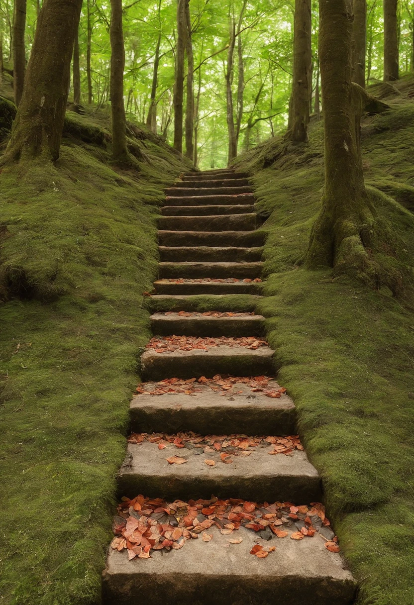 Close-up of stone steps in the forest that have fallen to the ground, Beautiful fece, Steps, 400 steps, stairway to heaven, stairs, Falling Magic Leaves, by Kanō Tan'yū, 🕹️ 😎 🚬, stairs from hell to heaven, aomori japan, amazing composition, steps leading down