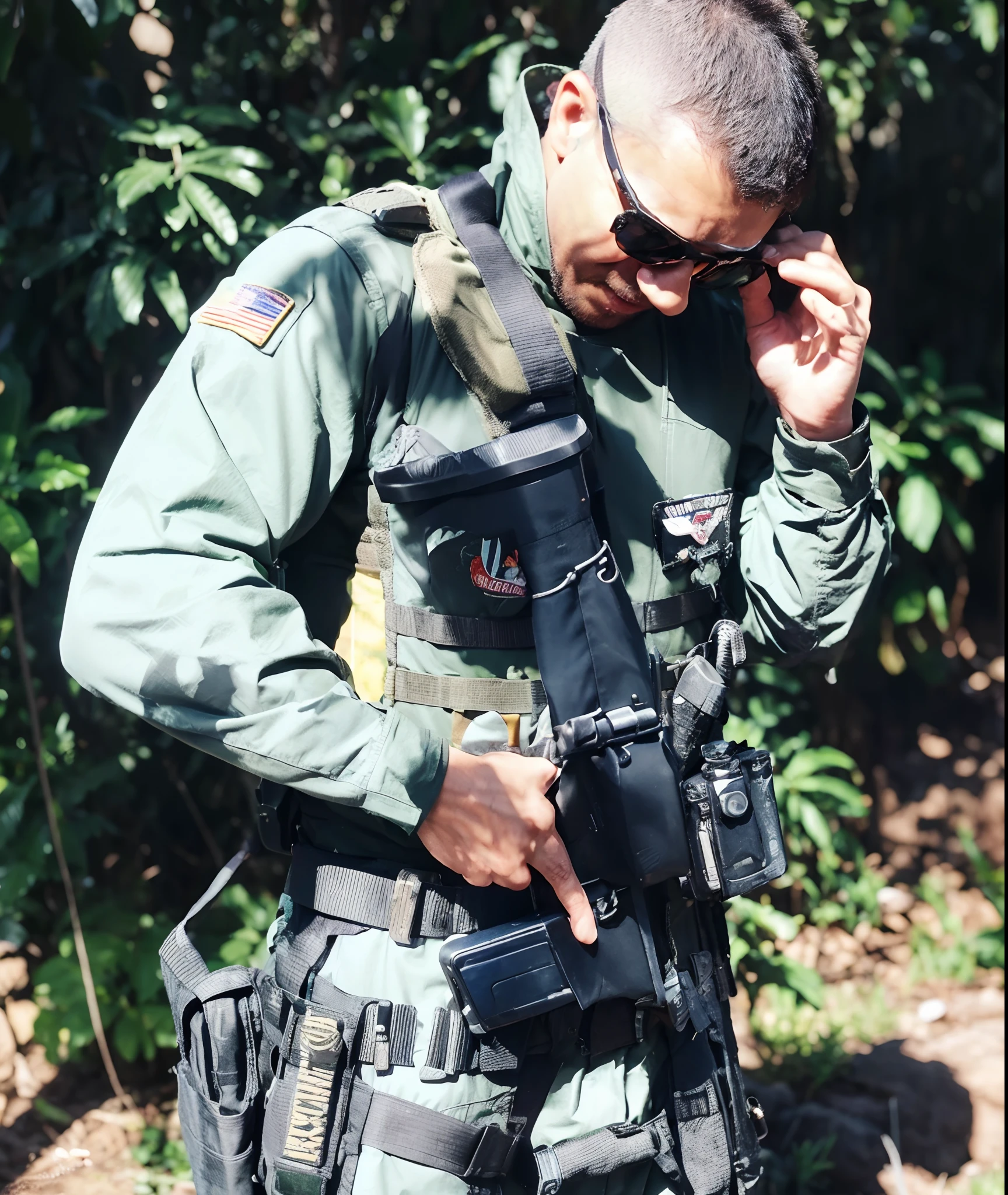 Cartoon character of a man with sunglasses and military green flight suit, segurando uma arma, segurando fuzil, special forces, soldado militar, tripulante operacional, colete modular, animation character, Caractere estilizado, animation style rendering, 3D estilizado, Arnold Maya render, 3 d render stylized, toon render keyshot, Personagem 3D, Personagem 3D, 3d rendering stylized, 3 d character render, personagem de desenho animado, Personagem de close up, Pose de personagem, (Estilo Pixar) (master part:1.2) (Bokeh) (best quality) (pele detalhada) (textura detalhada) (8k) (argila) (Cinematic lighting) (foco nítido
