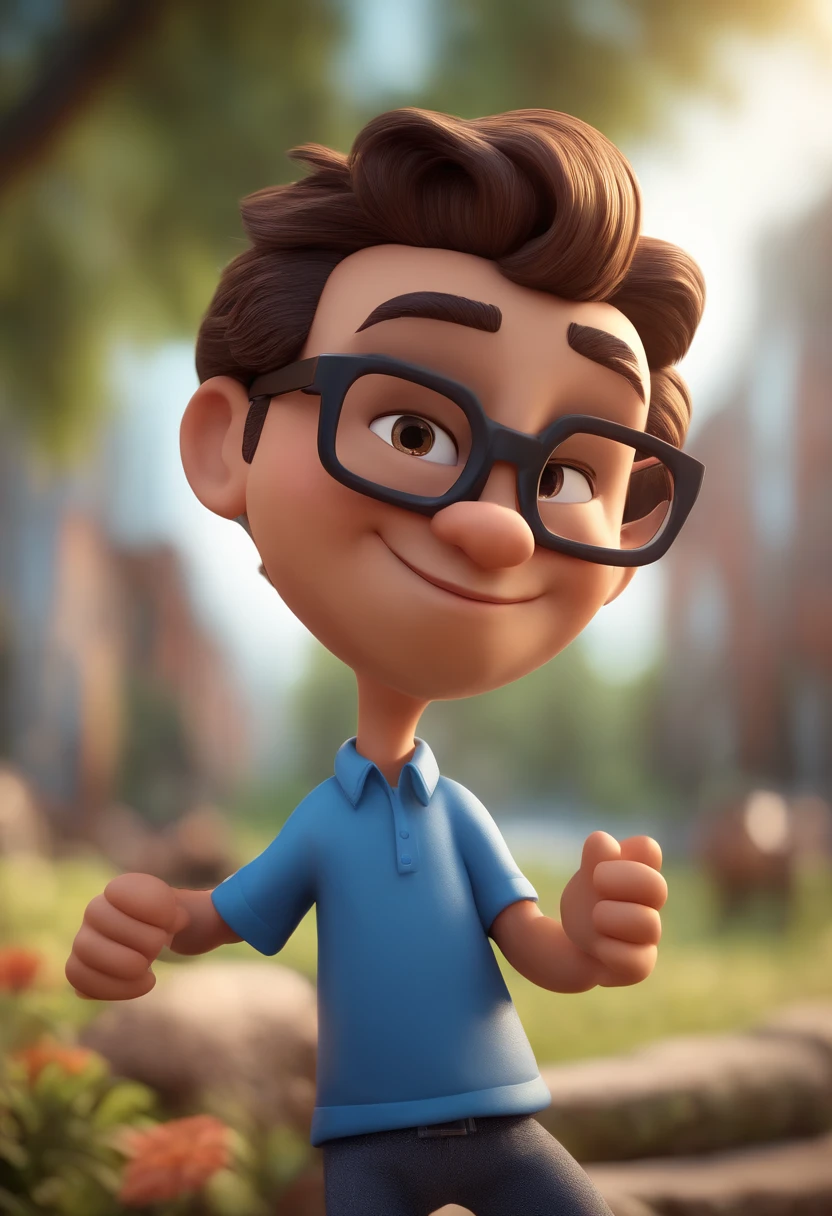 Cartoon character of a man with black glasses and a blue shirt, animation character, Caractere estilizado, animation style rendering, 3D estilizado, Arnold Maya render, 3 d render stylized, toon render keyshot, Personagem 3D, Personagem 3D, 3d rendering stylized, 3 d character render, personagem de desenho animado, Personagem de close up, Pose de personagem, (Estilo Pixar) (master part:1.2) (Bokeh) (best quality) (pele detalhada) (textura detalhada) (8k) (argila) (Cinematic lighting) (foco nítido