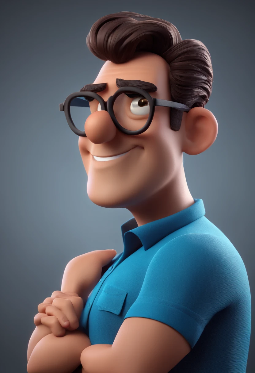 Cartoon character of a man with black glasses and a blue shirt, animation character, Caractere estilizado, animation style rendering, 3D estilizado, Arnold Maya render, 3 d render stylized, toon render keyshot, Personagem 3D, Personagem 3D, 3d rendering stylized, 3 d character render, personagem de desenho animado, Personagem de close up, Pose de personagem,  (Estilo Pixar) (master part:1.2) (Bokeh) (best quality) (pele detalhada) (textura detalhada) (8k) (argila) (Cinematic lighting) (foco nítido
