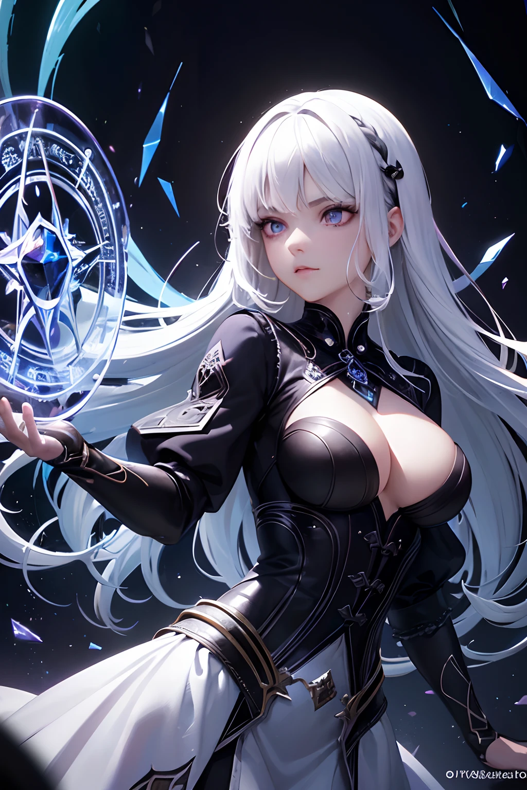 (masterpiece, best quality, ultra-detailed, best shadow), (detailed background,dark fantasy), (beautiful detailed face), high contrast, (best illumination, an extremely delicate and beautiful), ((cinematic light)), colorful, hyper detail, dramatic light, intricate details, (1girl, solo,white hair, sharp face,purple eyes, hair between eyes,dynamic angle), blood splatter, swirling black light around the character, depth of field,black light particles,(broken glass),magic circle,