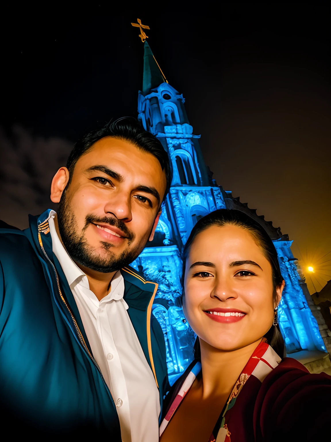 There's a man and a woman taking a selfie in front of a church, imagem de perfil, Guanajuato, Directed by: Nandor Soldier, Fotografia tirada em 2 0 2 0, Casal feliz, vacation photo, photo taken at night, com um castelo ao fundo, Central Mexico, Mexico City, Ayanamikodon e Irakli Nadar