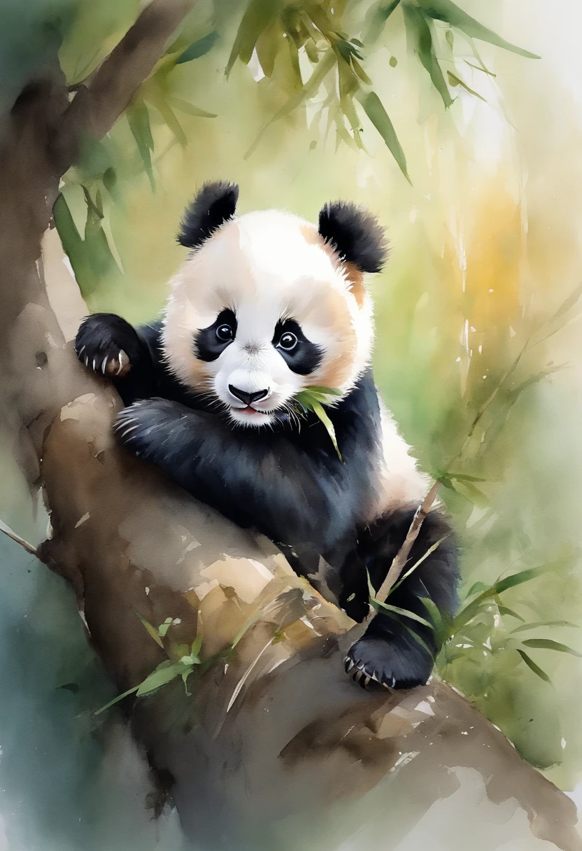 Playful pose of a panda cub,The cute and cute expression of the trafficker,vibrant watercolor painting,Lively brushstrokes,Joyful and energetic atmosphere,Shen Jingdong's art,HD printing。