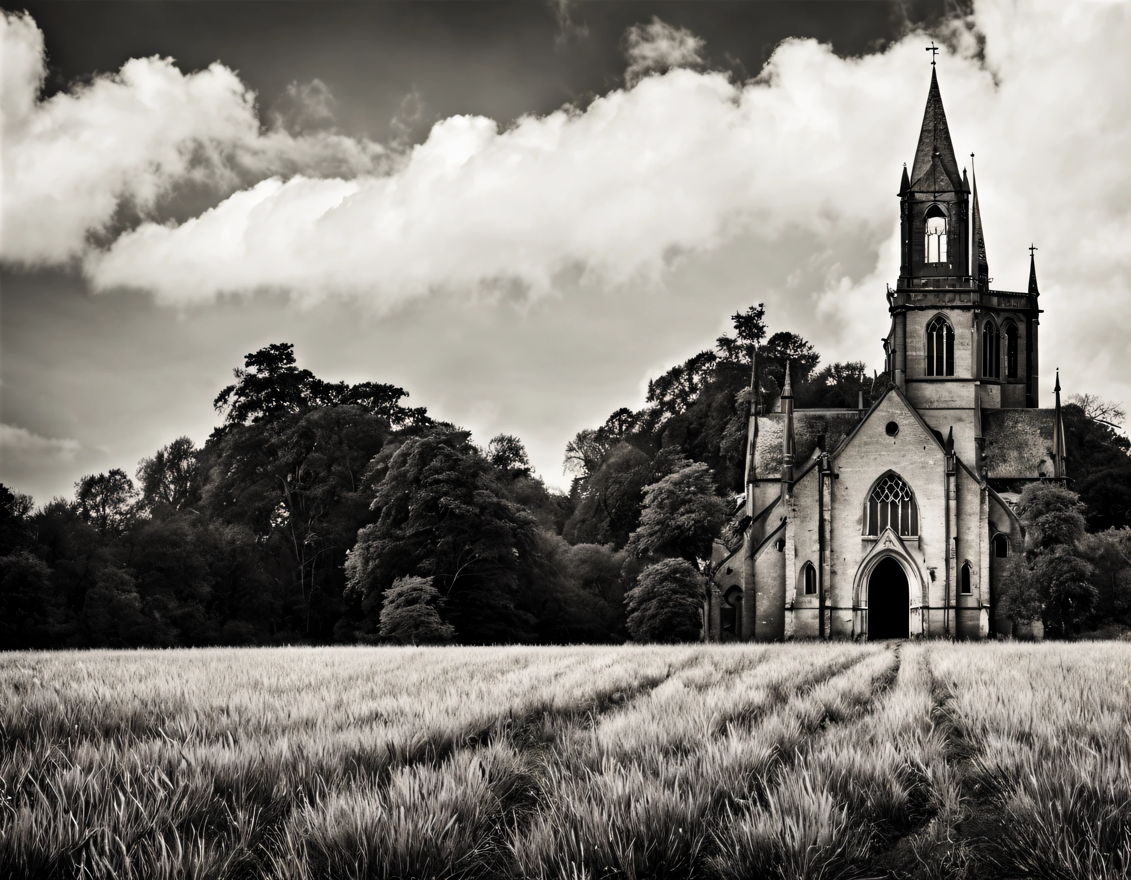 in style of Anton Corbijn, stunning natural landscape, church