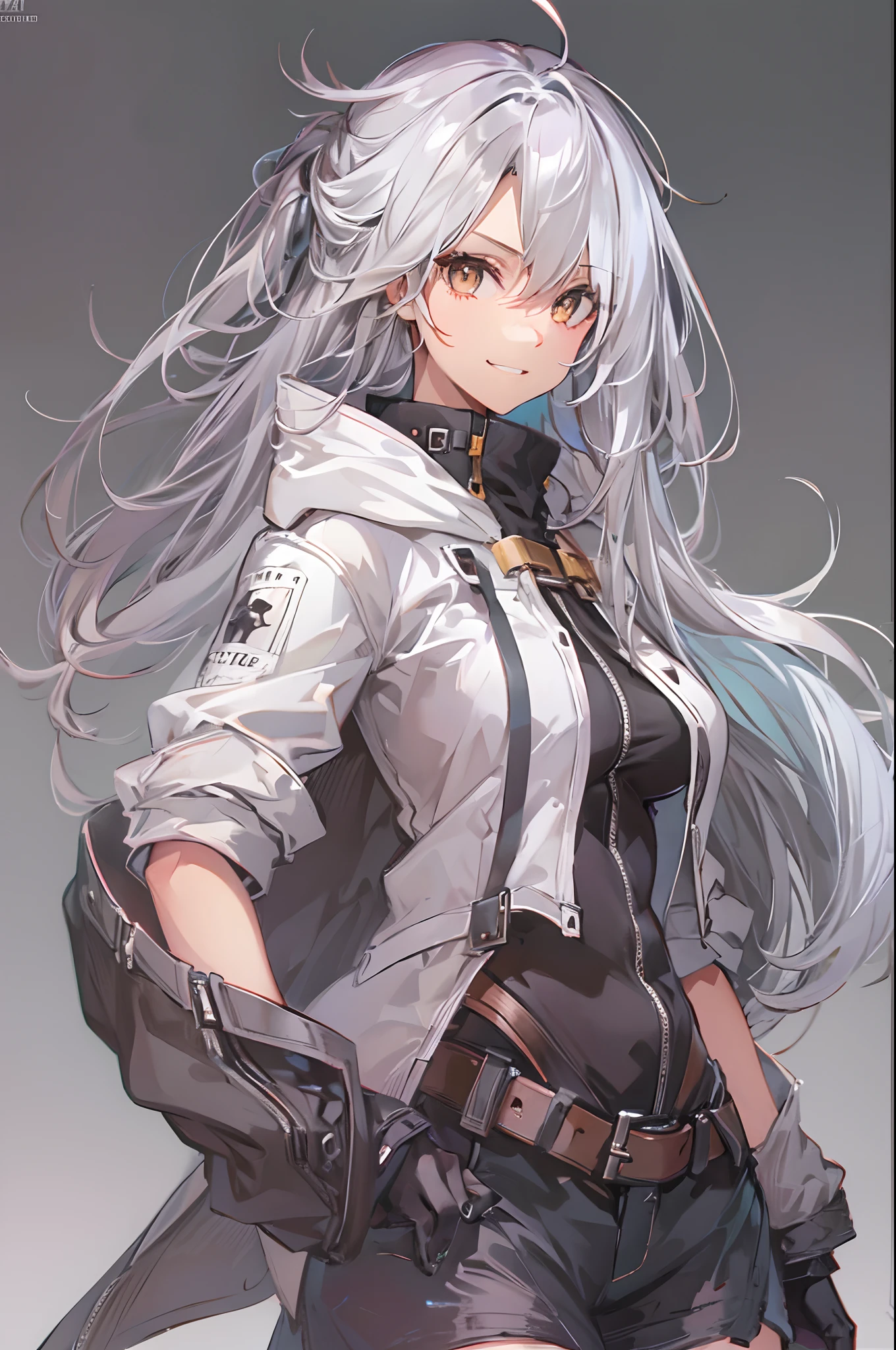 1girl, {solo}, upper body ,{{ {looking at viewer}}},  arm at side, concept art, white background, simple background, white hair, silver gradiient hair , complex  cloth, asymmetrical clothes, virtual youtuber, best quality, masterpiece, dynamic angle, guilty gear, guilty gear, guilty gear, cowboy_shot, looking_back, grabbing, girl,woman,female, young,20 years old, very long hair, flipped hair, silver hair, flowing hair, ahoge, smirk, beautiful and delicate golden eyes, teeth, medium_breasts, blonde eyes, white skin, coat, hoodie, black_shorts, grey Clothes, transparent_background, backlighting, absurdres, highres, ultra detailed,