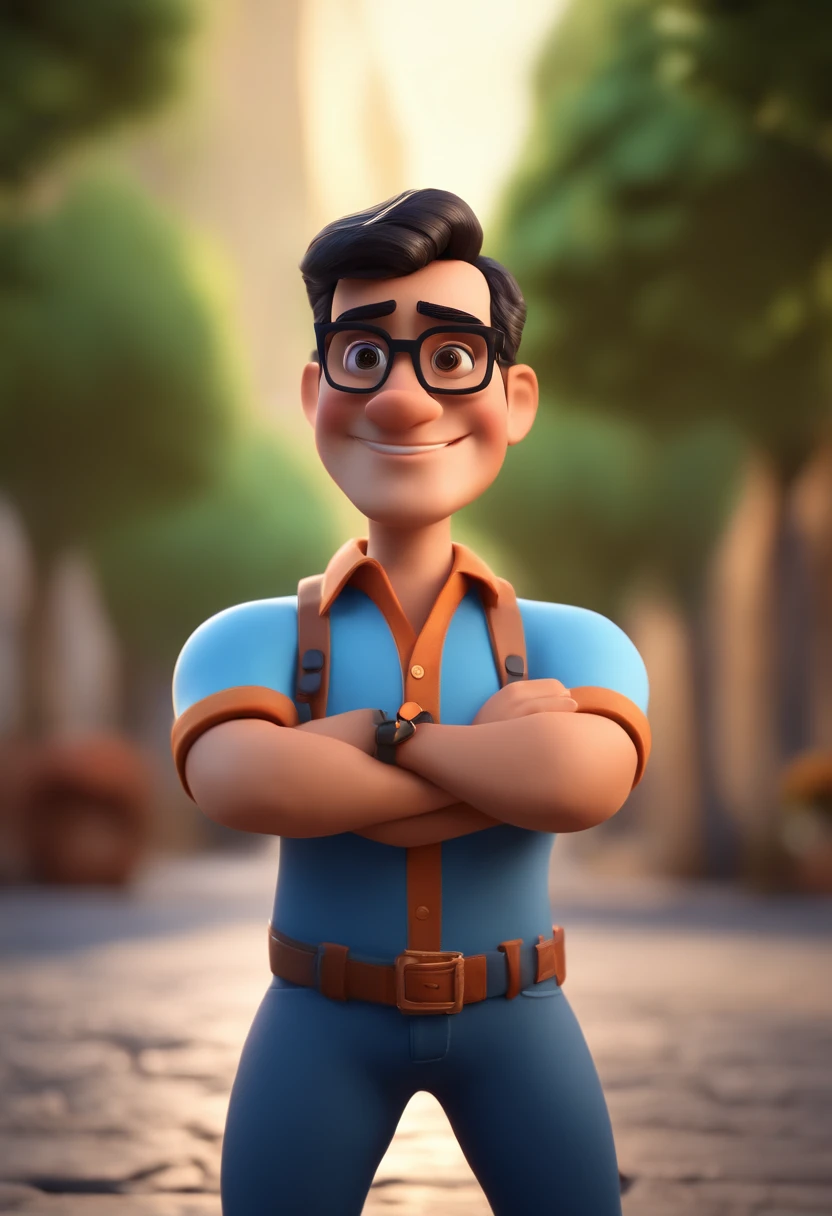 Cartoon character of a man with black glasses and a blue shirt, animation character, Caractere estilizado, animation style rendering, 3D estilizado, Arnold Maya render, 3 d render stylized, toon render keyshot, Personagem 3D, Personagem 3D, 3d rendering stylized, 3 d character render, personagem de desenho animado, Personagem de close up, Pose de personagem,  (Estilo Pixar) (master part:1.2) (Bokeh) (best quality) (pele detalhada) (textura detalhada) (8k) (argila) (Cinematic lighting) (foco nítido