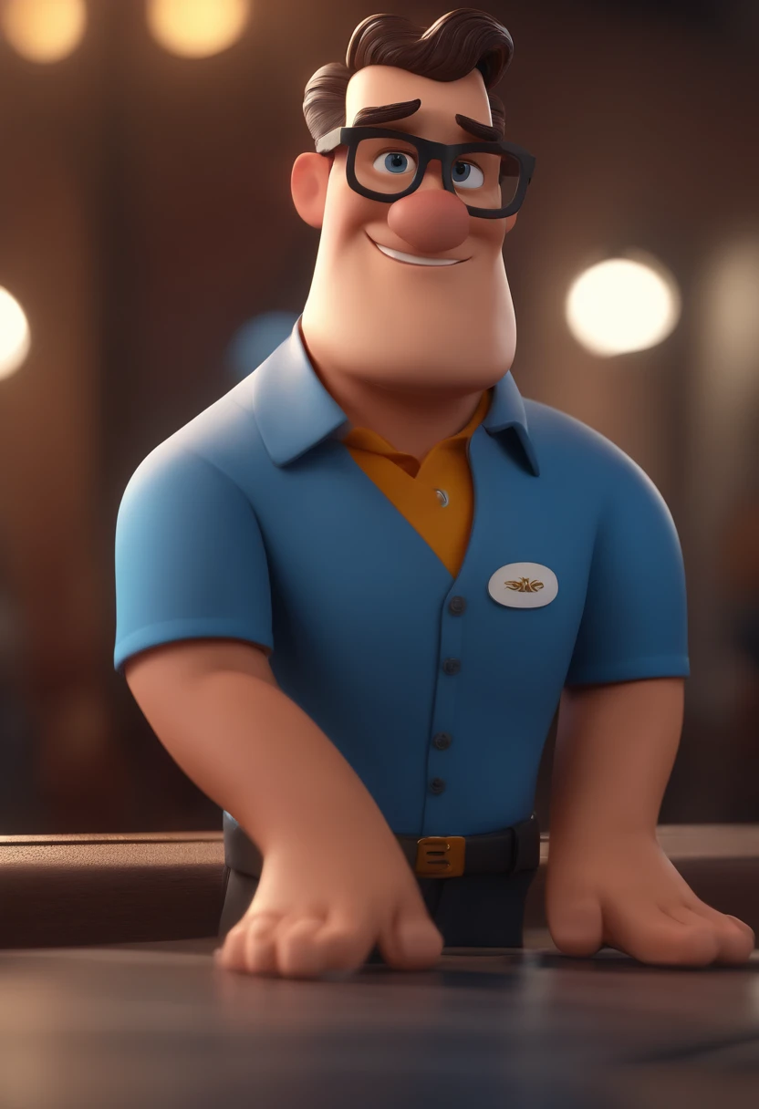 Cartoon character of a man with black glasses and a blue shirt, animation character, Caractere estilizado, animation style rendering, 3D estilizado, Arnold Maya render, 3 d render stylized, toon render keyshot, Personagem 3D, Personagem 3D, 3d rendering stylized, 3 d character render, personagem de desenho animado, Personagem de close up, Pose de personagem, (Estilo Pixar) (master part:1.2) (Bokeh) (best quality) (pele detalhada) (textura detalhada) (8k) (argila) (Cinematic lighting) (foco nítido