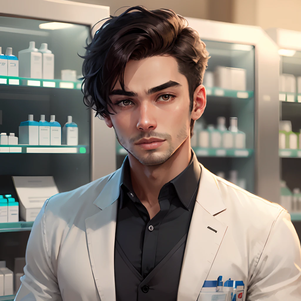 Pharmacist in pharmacy brunette thin face and handsome short hair disney man