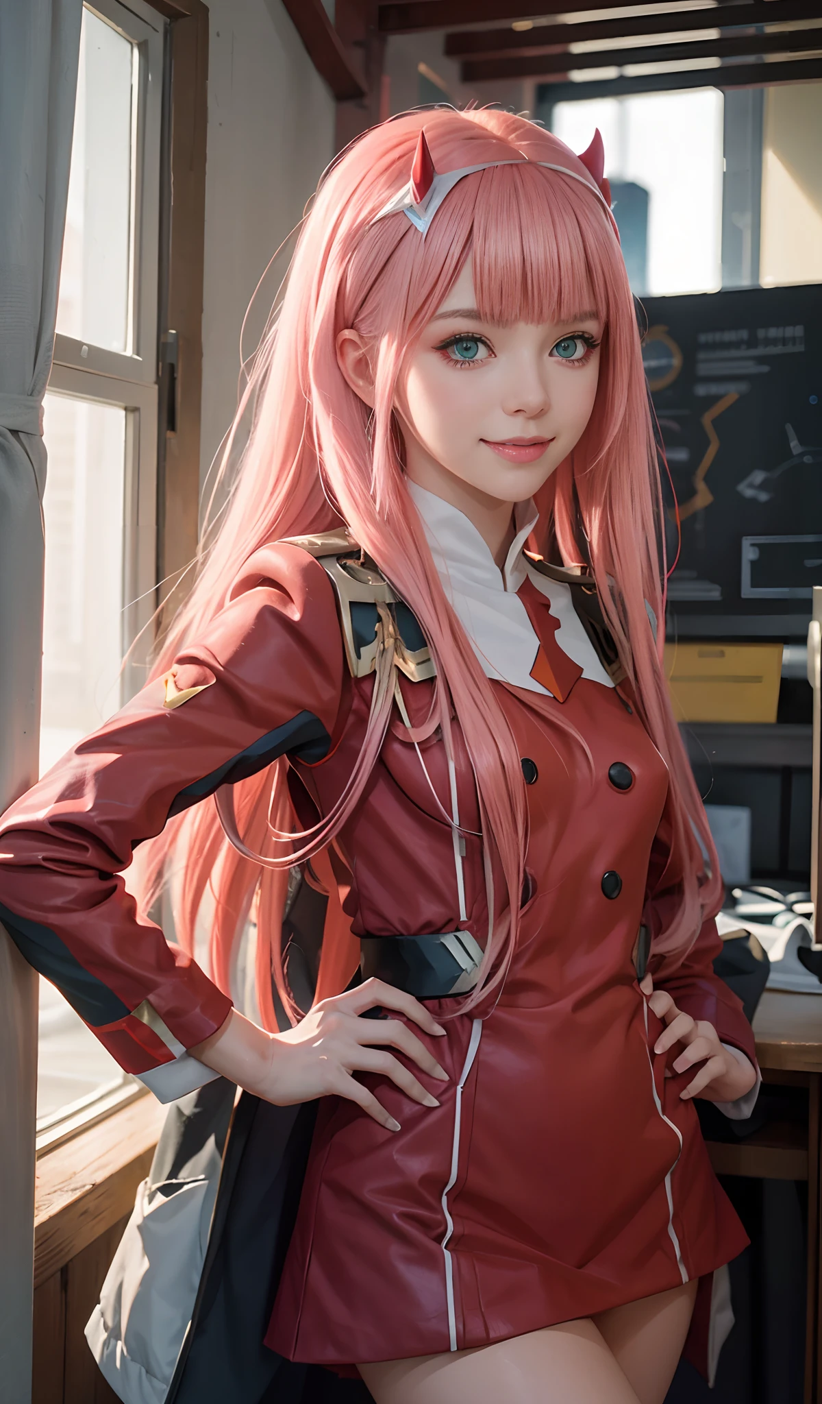 Very detailed background, masterpiece, best quality, 1girl, solo, ((masterpiece, best quality)), best aesthetic, Zero Two, , (smile), (Darling in the Franxx), Darling in the Franxx , bangs, biting , blush, shadow, green eyes, hair behind the head, hand on hip, horns, long hair, looking at the viewer, makeup, pilot costume, red costume, pink hair, red shadow, science fiction, skin stretched,