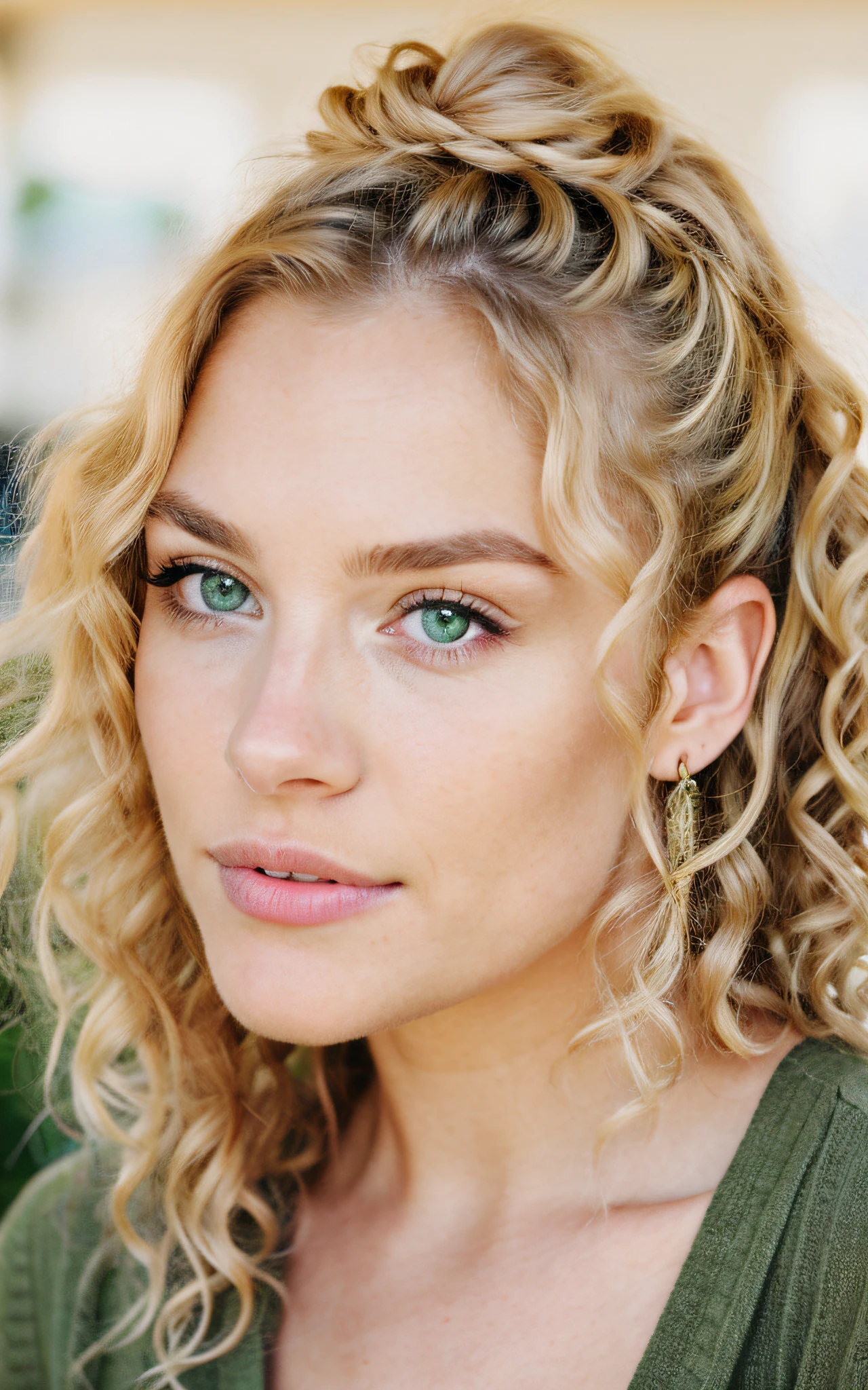 beautiful blond woman with green eyes, cute face, photorealistic, ultrarealism, nikon, curly hair, tousled bun