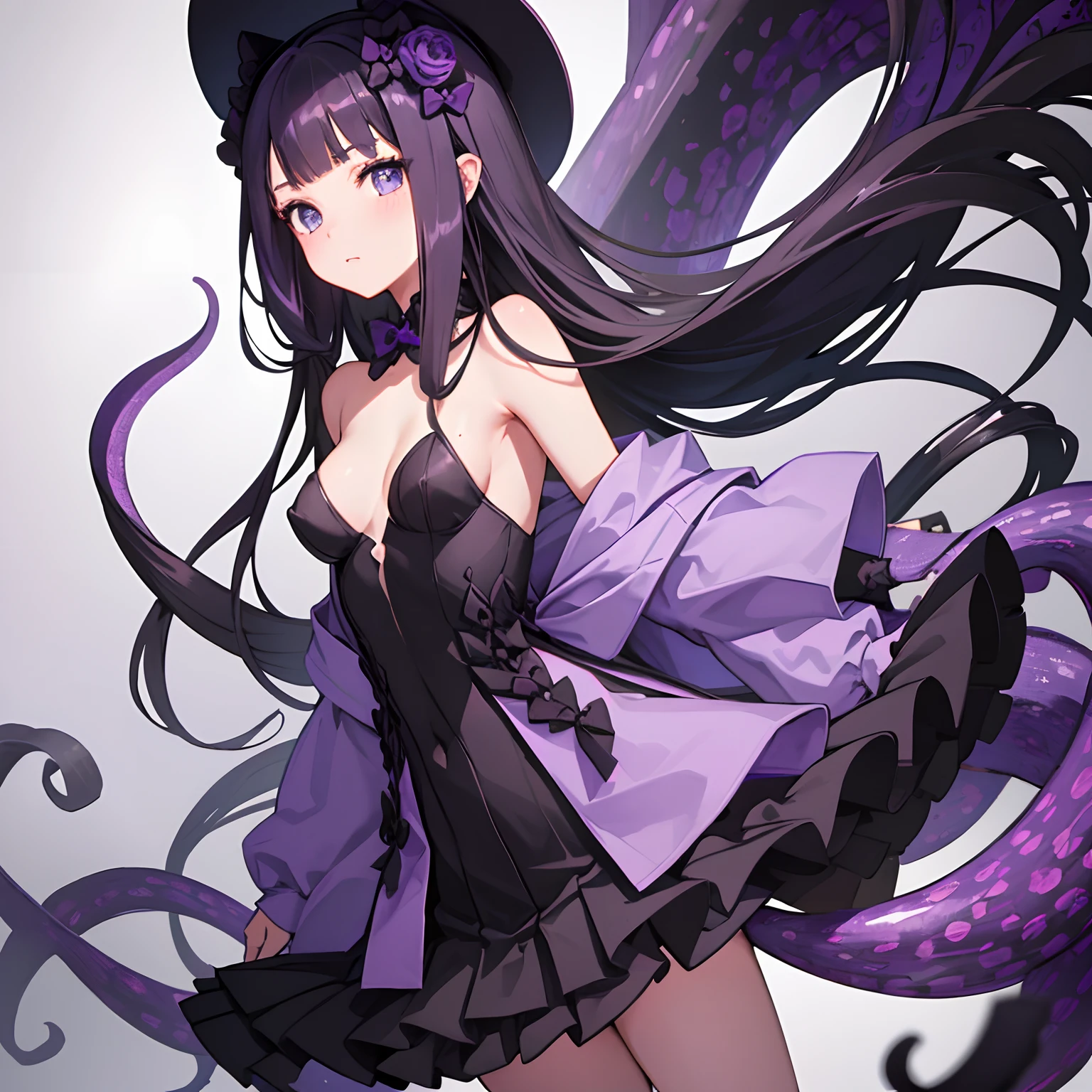 1girl, solo, Abigail Williams+Ninomae Inanis, young woman, black hair, long hair, hairbow, medium breasts, purple tentacles, showy purple dress, threaded dress, partially naked, gorgeous girl, slim figure, black legwear