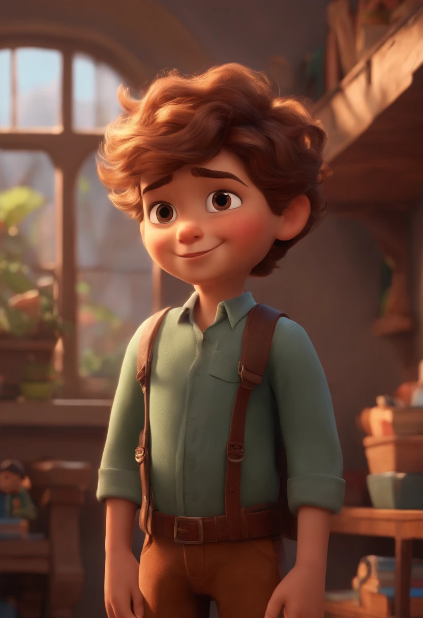 Image of a boy for a story in a YouTube video in Pixar format, He's the little allabester, He's the class leader, He's outgoing, Playful and gets up for a lot of things, cabelo curto