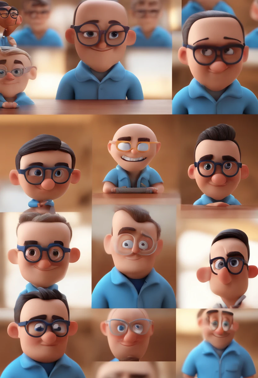 Cartoon character of a man with black glasses and a blue shirt, animation character, Caractere estilizado, animation style rendering, 3D estilizado, Arnold Maya render, 3 d render stylized, toon render keyshot, Personagem 3D, Personagem 3D, 3d rendering stylized, 3 d character render, personagem de desenho animado, Personagem de close up, Pose de personagem, (Estilo Pixar) (master part:1.2) (Bokeh) (best quality) (pele detalhada) (textura detalhada) (8k) (argila) (Cinematic lighting) (foco nítido